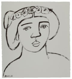 Woman with Wreath of Asters_America Martin_Ink/Cotton Paper_Figurative/Portrait