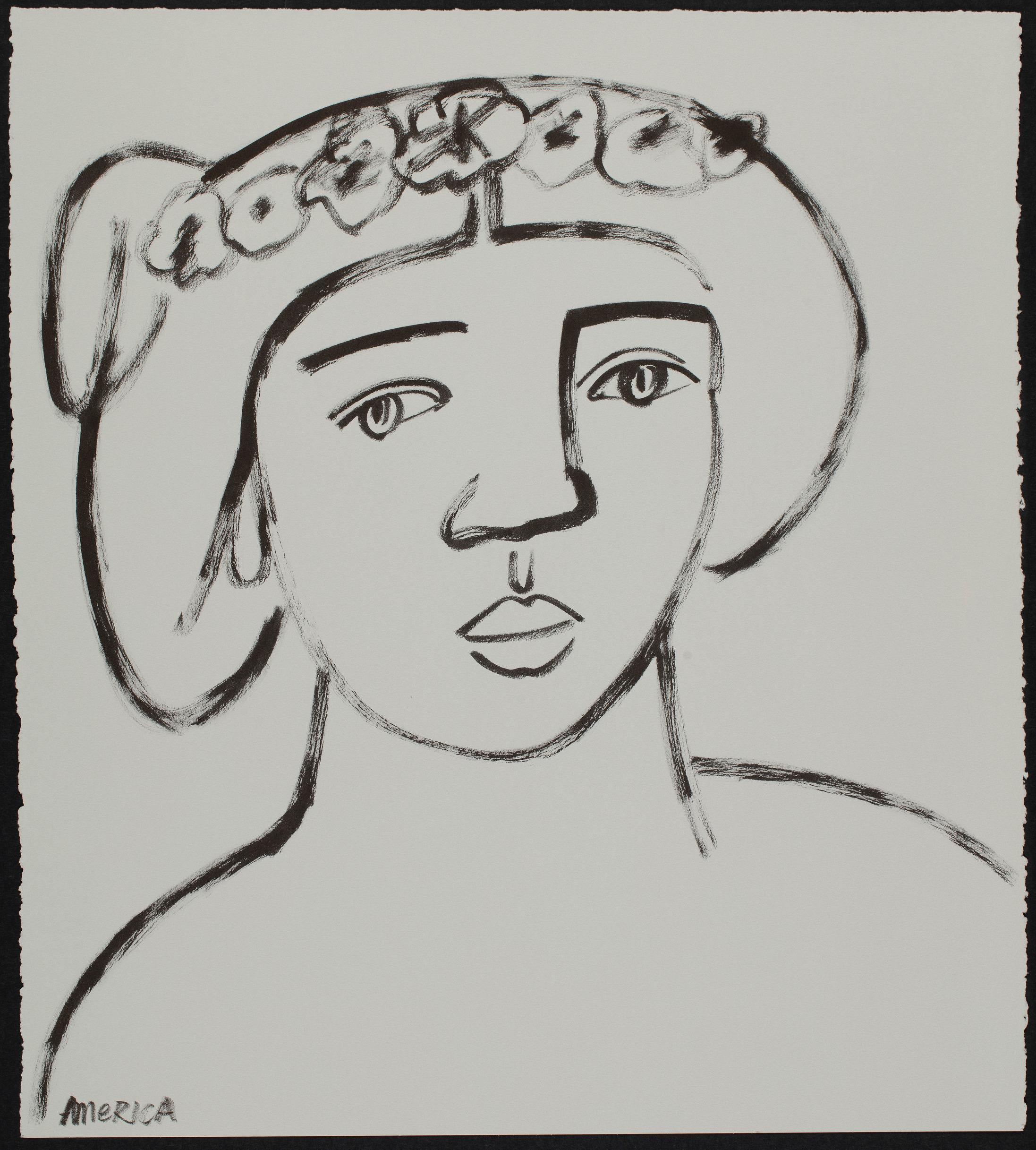 Wreath of Flowers in Hair by America Martin, Ink, Paper, Figurative, Portrait en vente 2