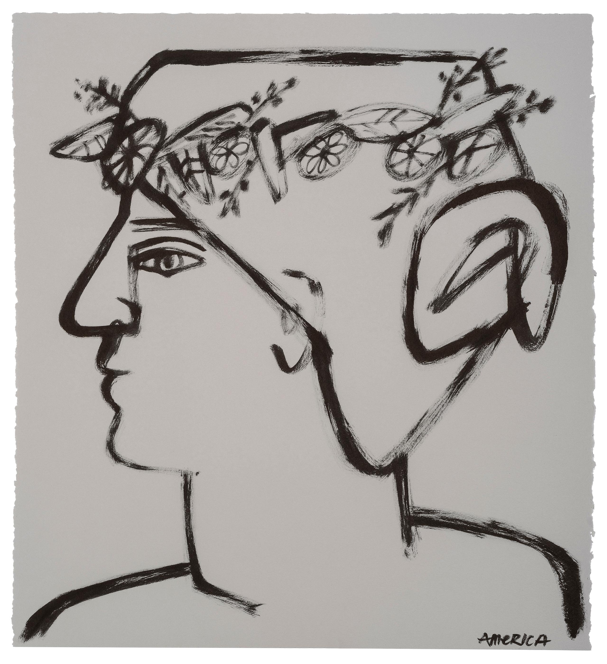 Wreath of Flowers in Hair by America Martin, Ink, Paper, Figurative, Portrait en vente 3