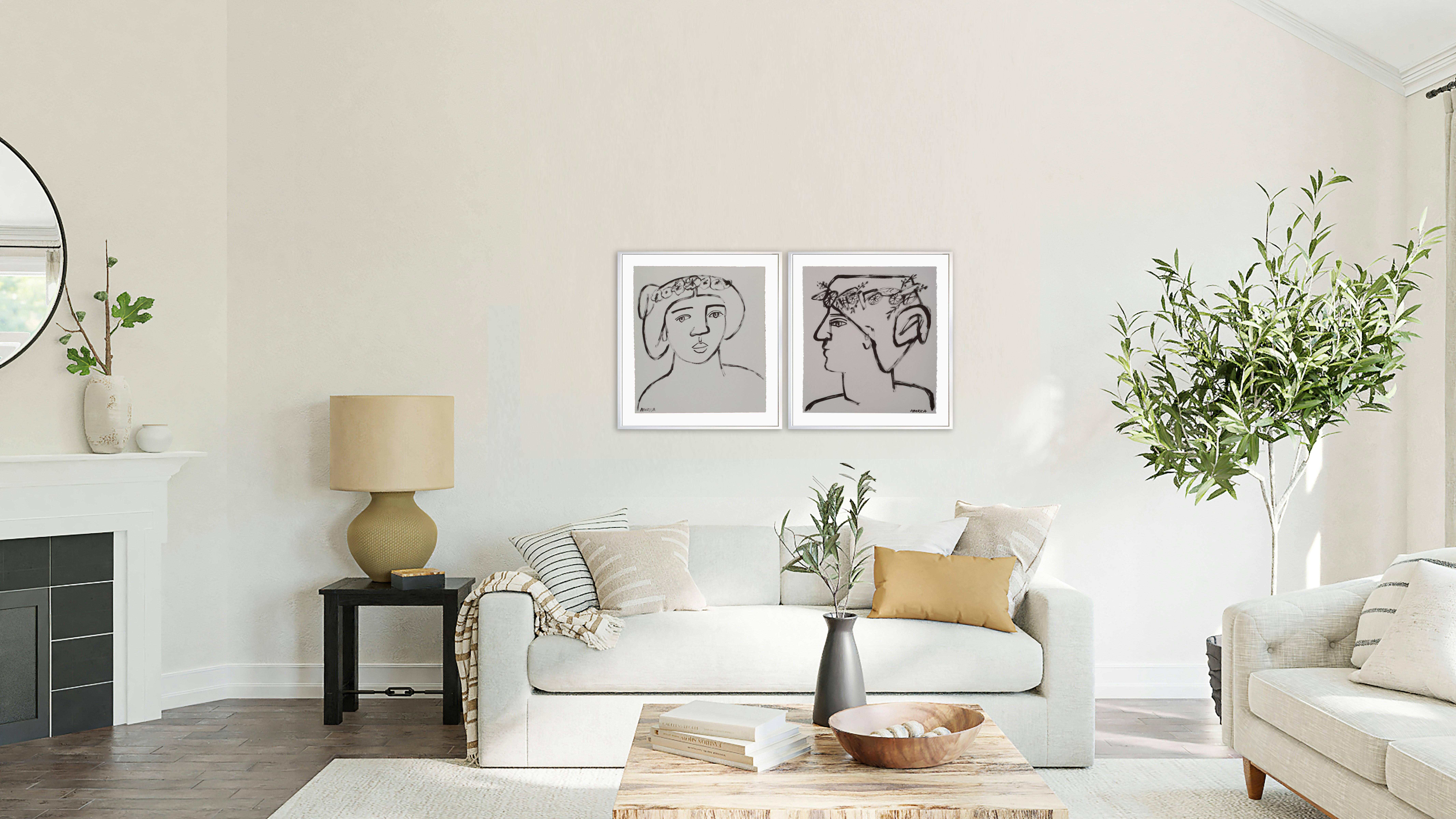 Blumenkranz im Haar von America Martin, Tinte, Papier, Figurativ, Porträt im Angebot 4