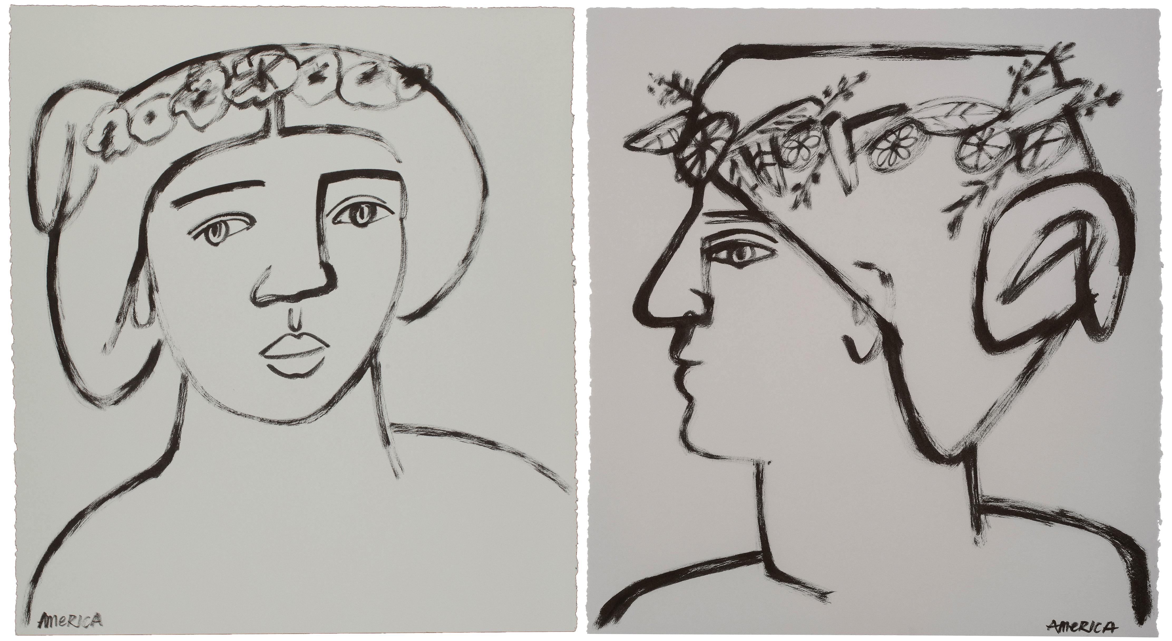 Wreath of Flowers in Hair by America Martin, Ink, Paper, Figurative, Portrait