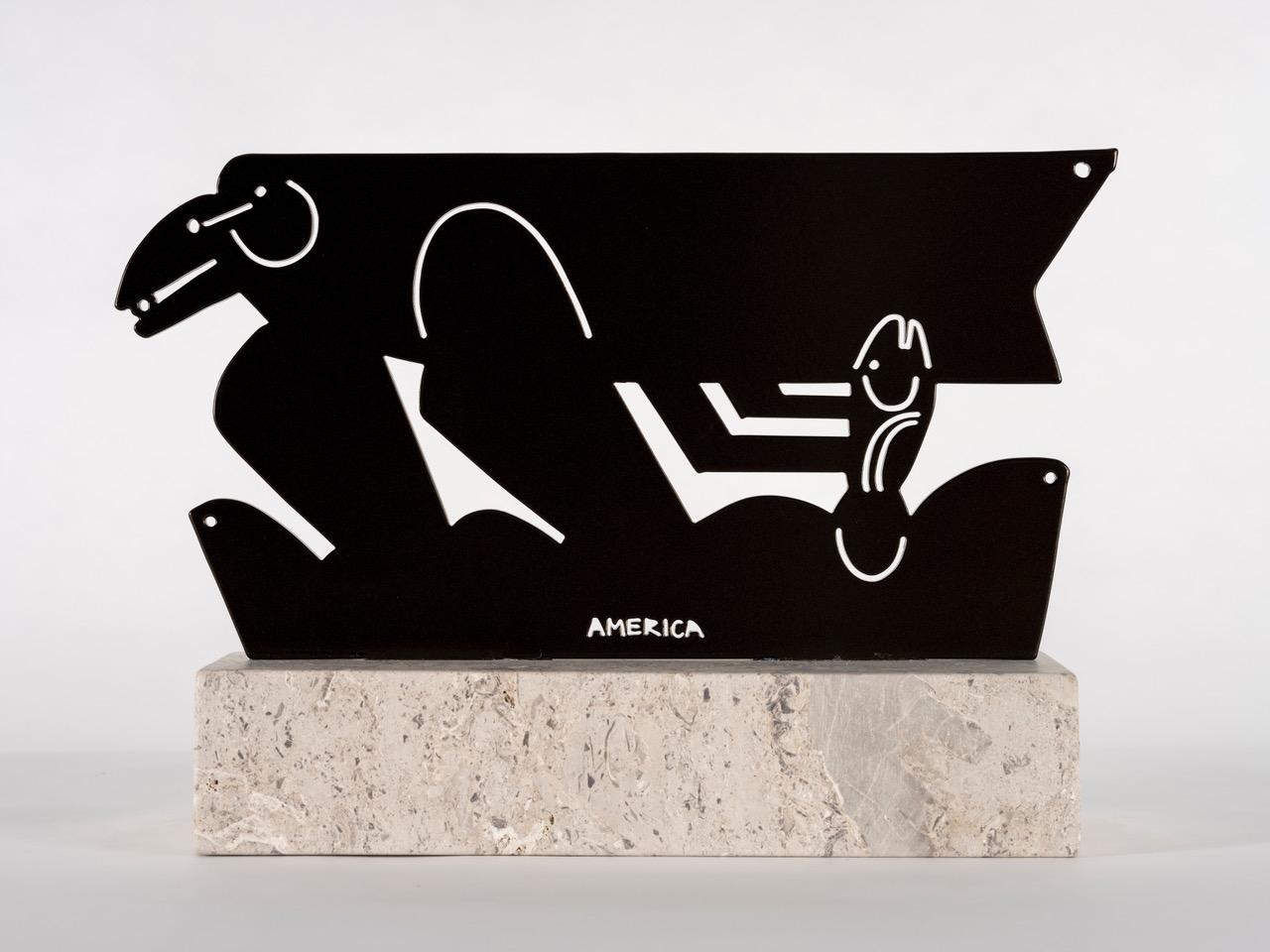 AMERICA MARTIN
"Corneille avec du poisson et des graines
Acier inoxydable revêtu de poudre de bronze sur base en travertin
Taille : 9 x 14,5
Edition :  1/1



Expérimentant le poids et la fonction de la ligne comme outil de représentation