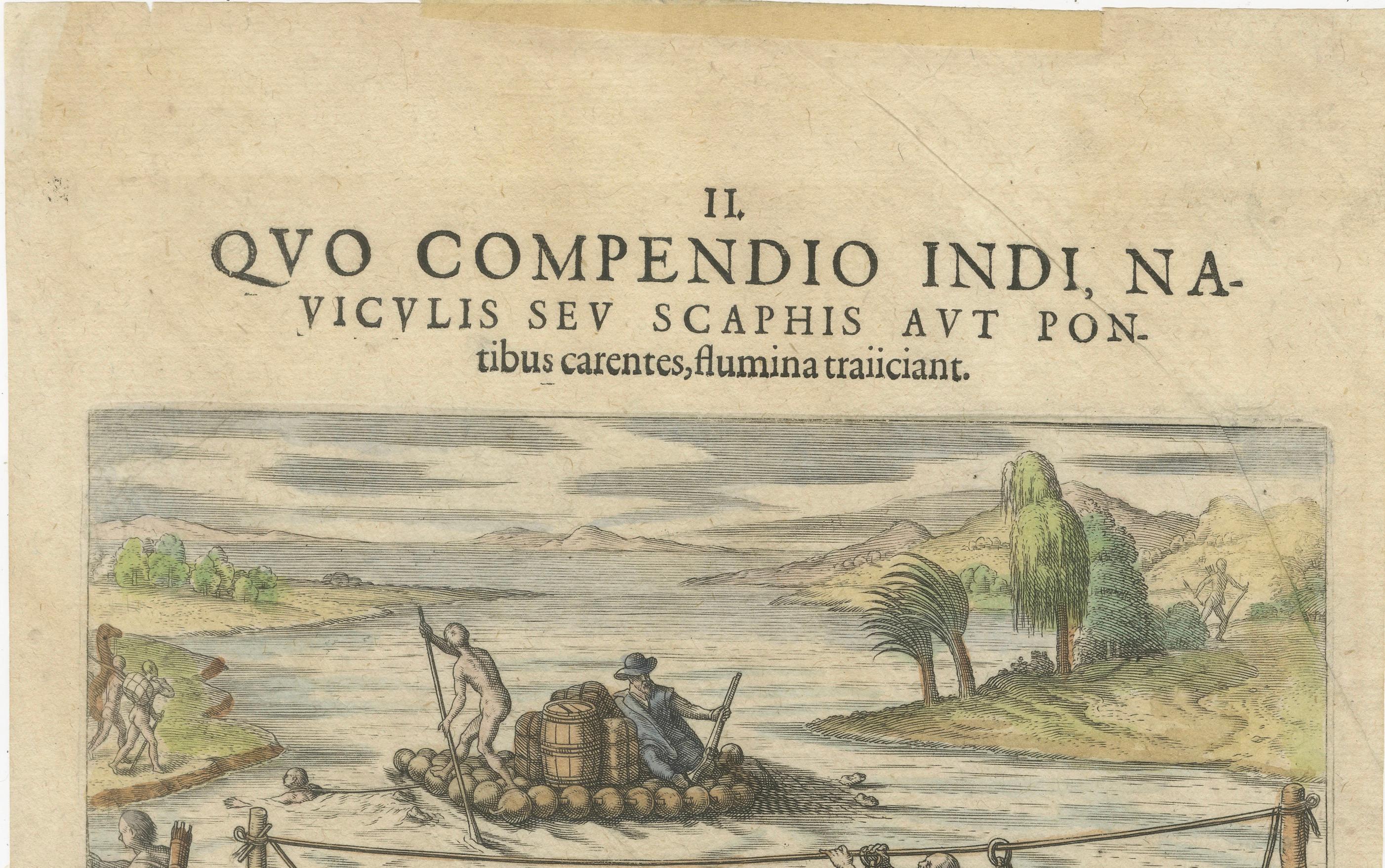 America, River Crossing by Indigenous People with Rafts and Canoes, De Bry, 1594