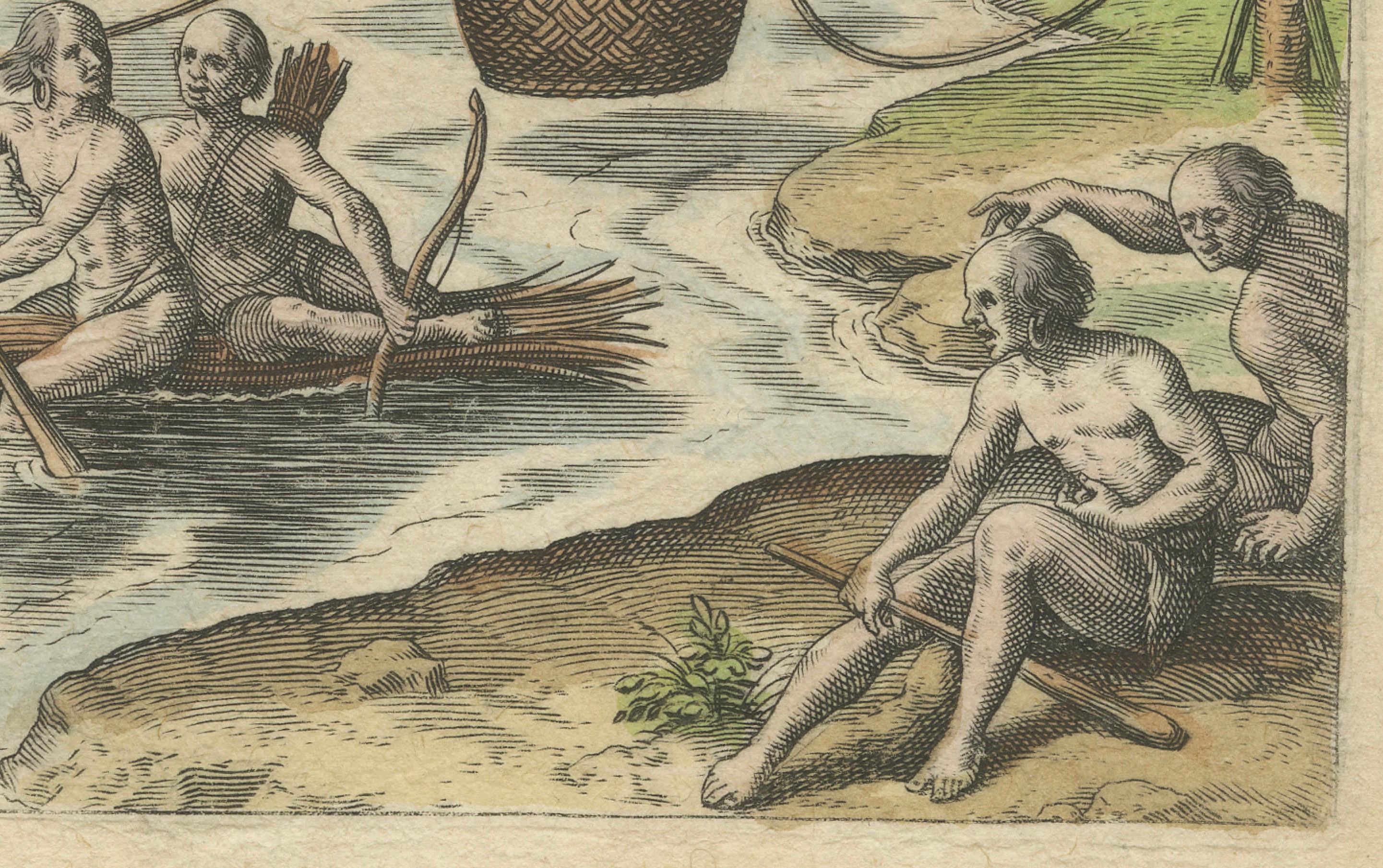 America, River Crossing by Indigenous People with Rafts and Canoes, De Bry, 1594