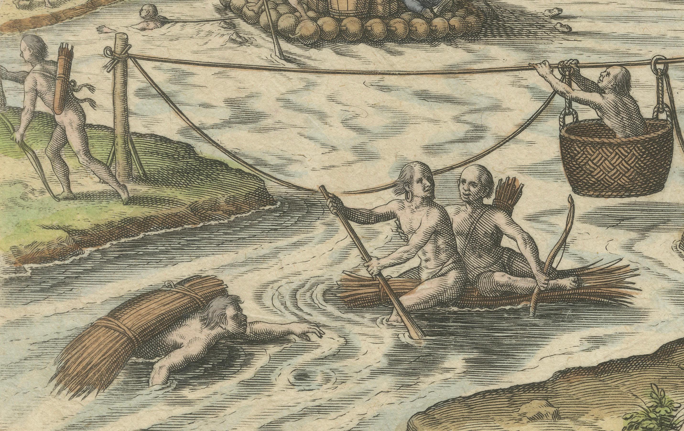 America, River Crossing by Indigenous People with Rafts and Canoes, De Bry, 1594