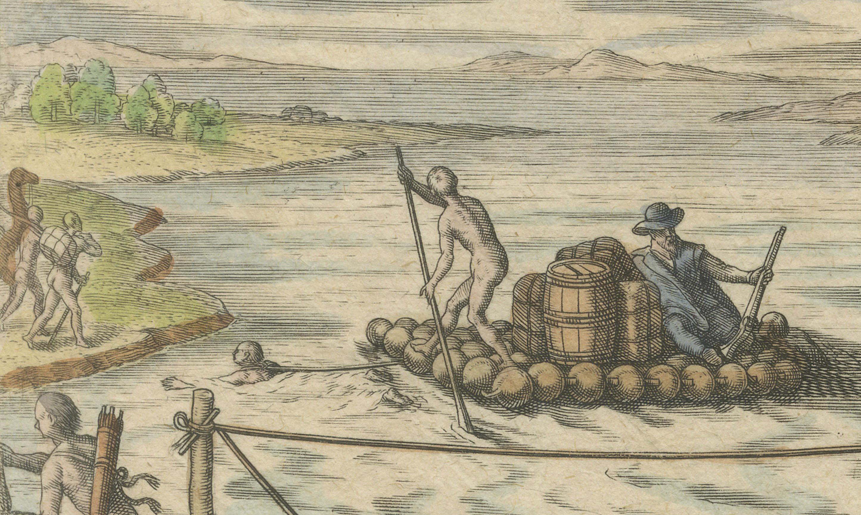 America, River Crossing by Indigenous People with Rafts and Canoes, De Bry, 1594