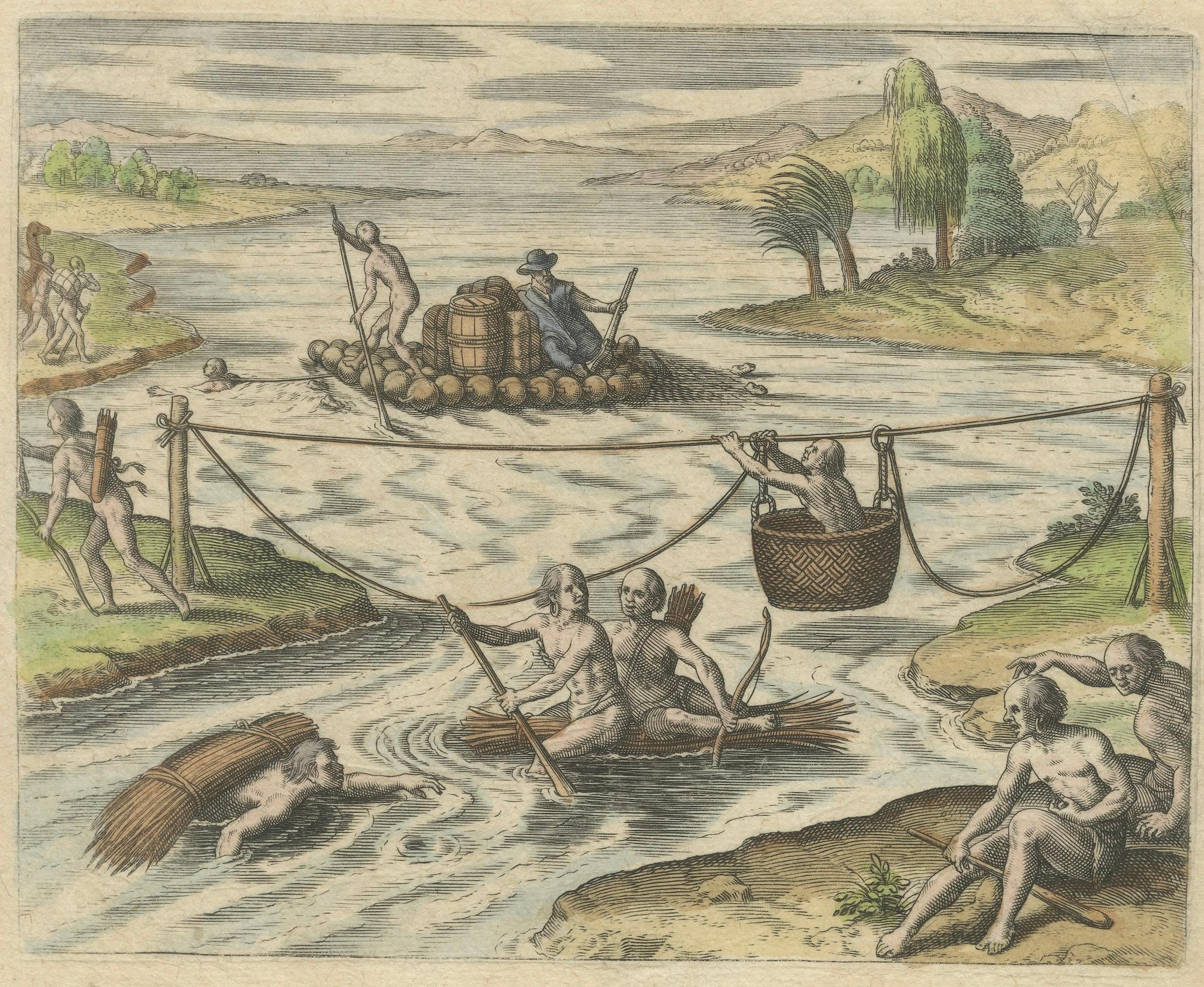 America, River Crossing by Indigenous People with Rafts and Canoes, De Bry, 1594