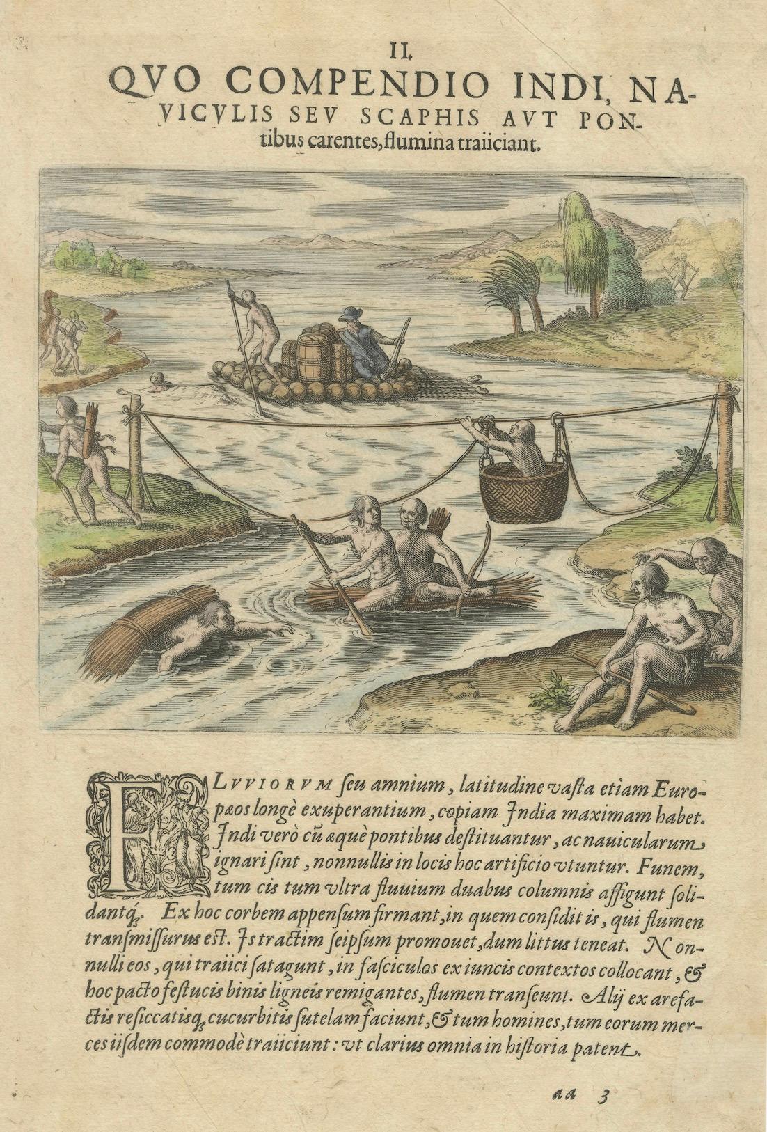 America, River Crossing by Indigenous People with Rafts and Canoes, De Bry, 1594
