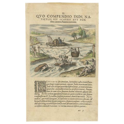 America, River Crossing by Indigenous People with Rafts and Canoes, De Bry, 1594