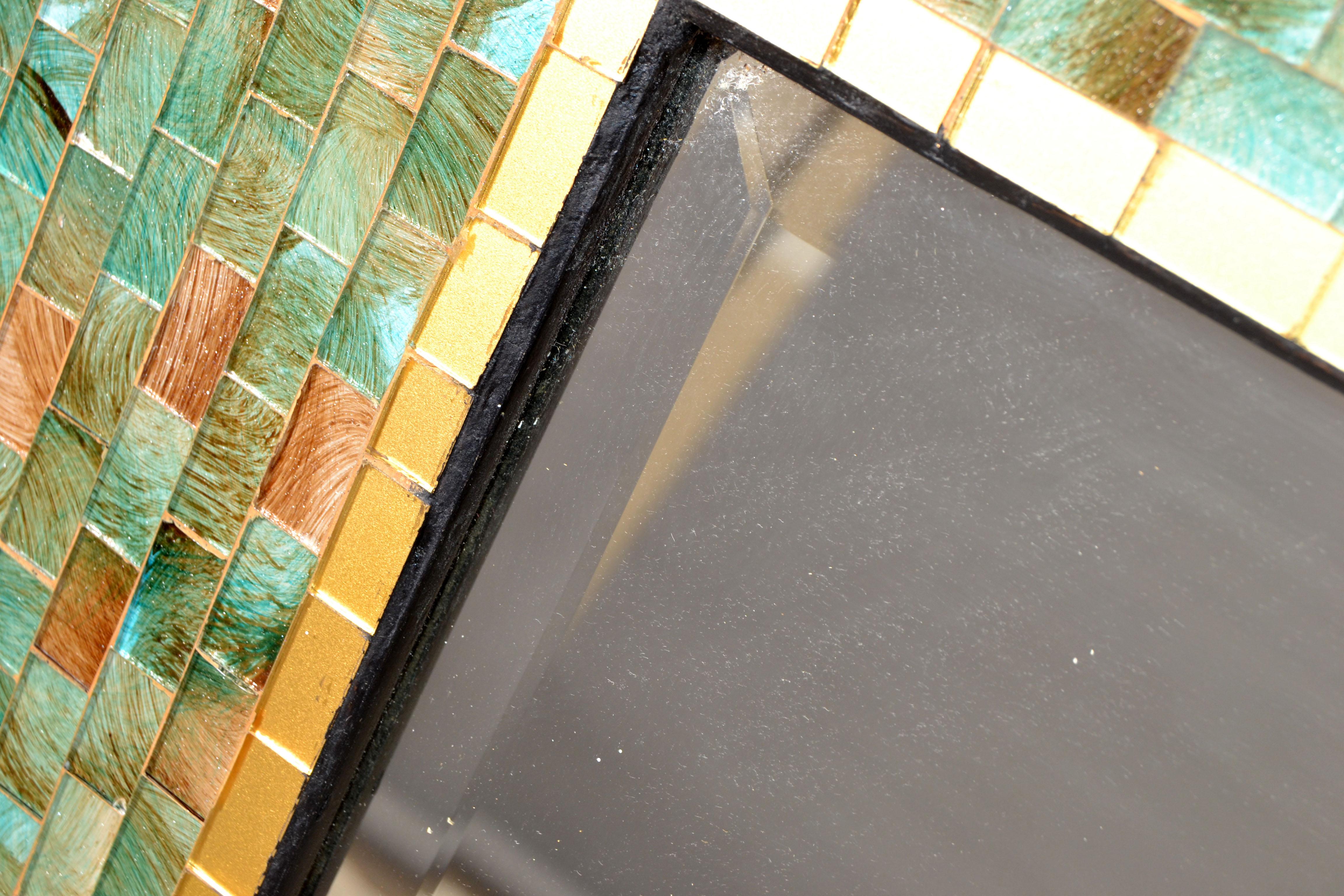 Late 20th Century America Tiling & Tessellated Glass Hues of Green & Gold Rectangle Wall Mirror For Sale