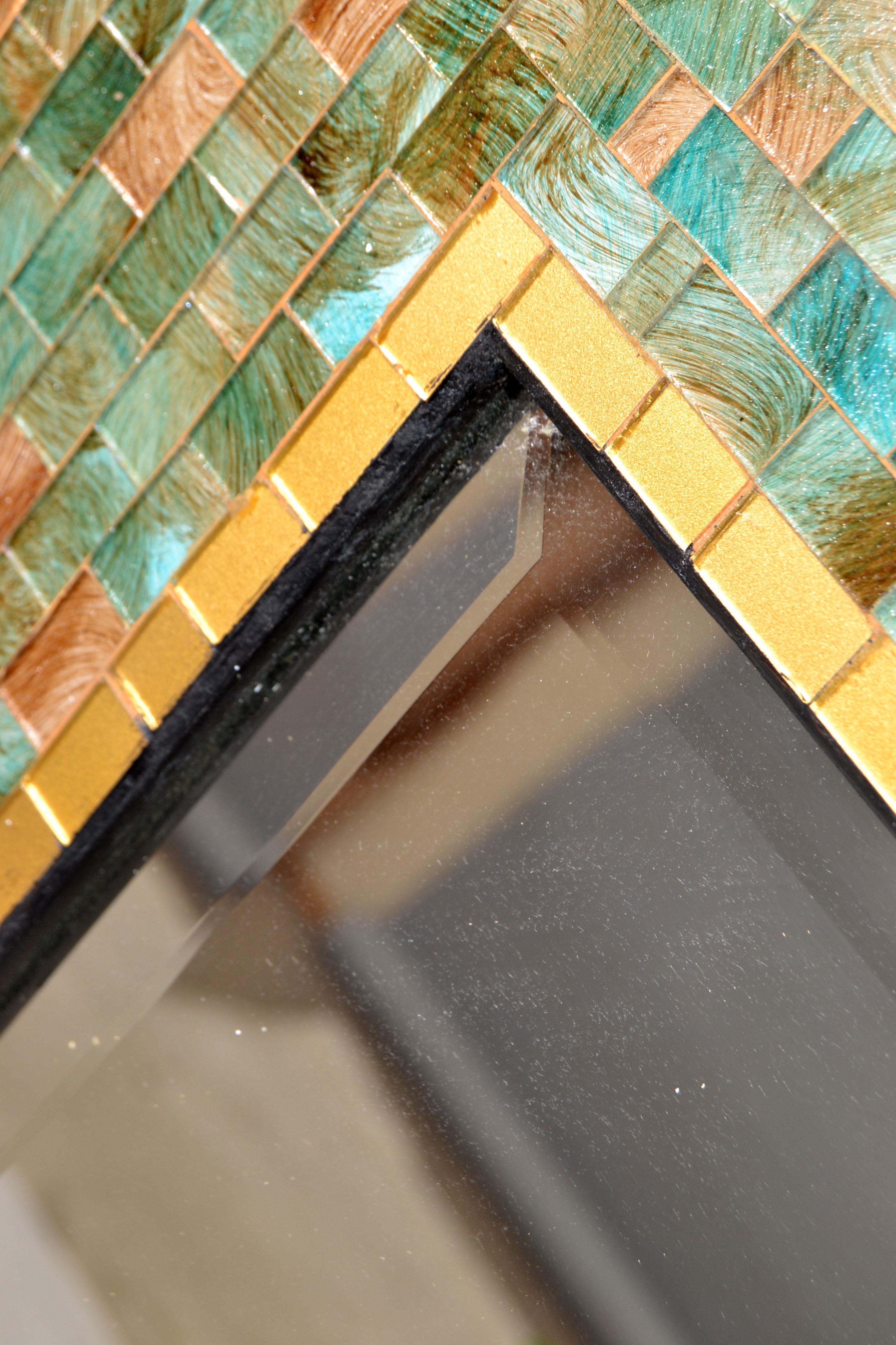 America Tiling & Tessellated Glass Hues of Green & Gold Rectangle Wall Mirror im Angebot 3