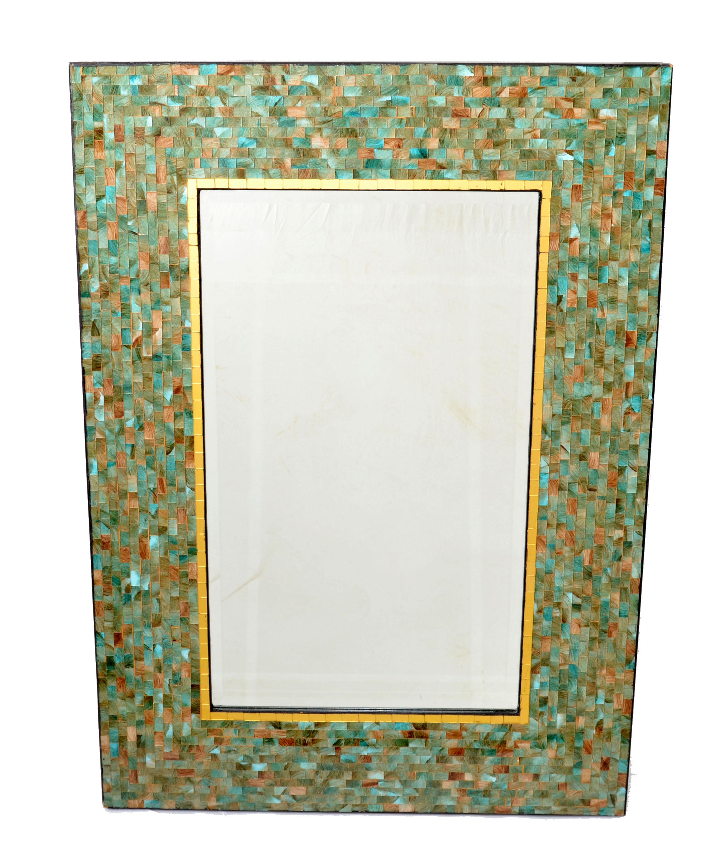 Amerika, rechteckiger Wandspiegel mit Kacheln und Mosaikglasfarben in Grün und Gold im Angebot 6