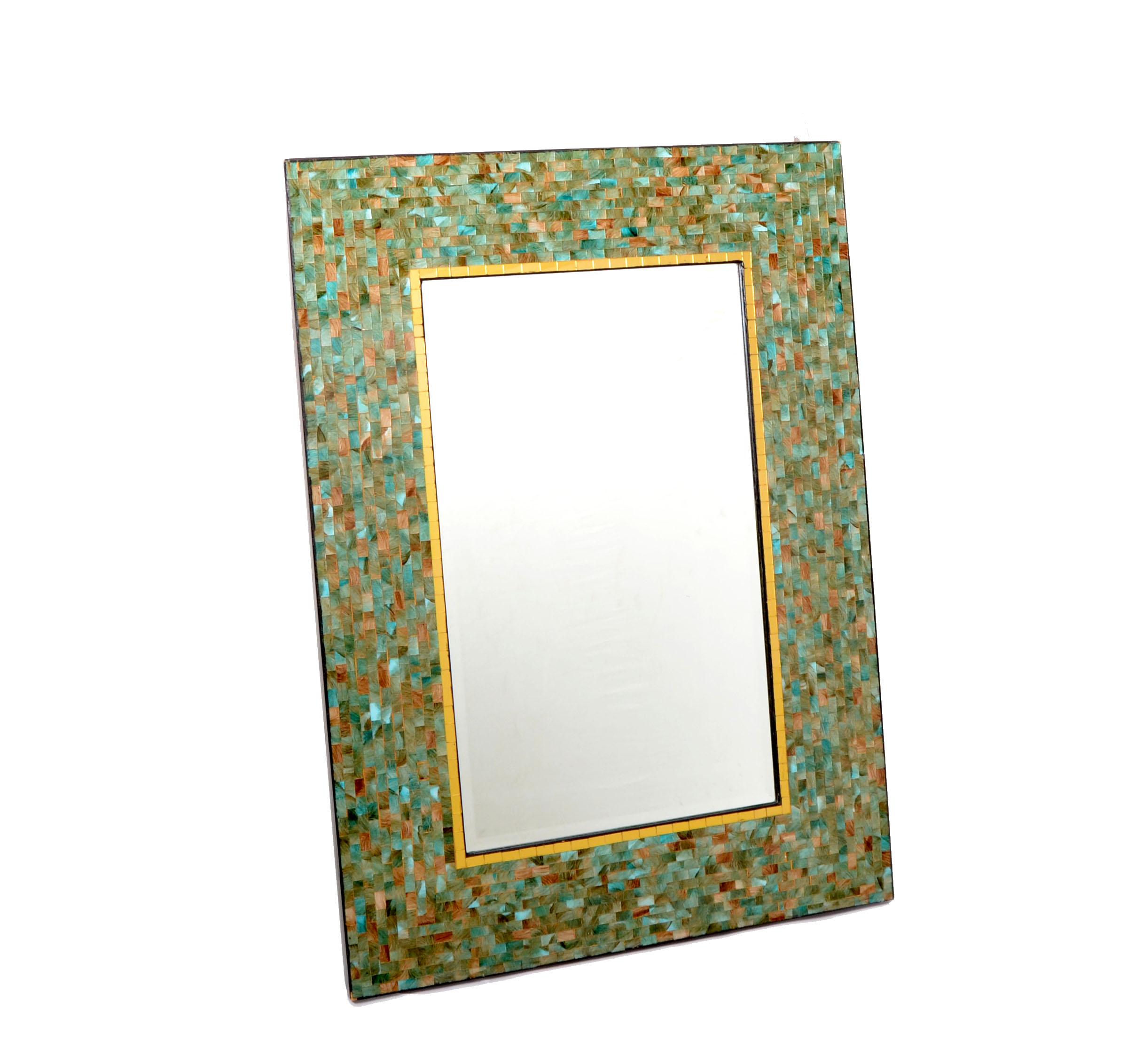 America Tiling & Tessellated Glass Hues of Green & Gold Rectangle Wall Mirror (Moderne der Mitte des Jahrhunderts) im Angebot