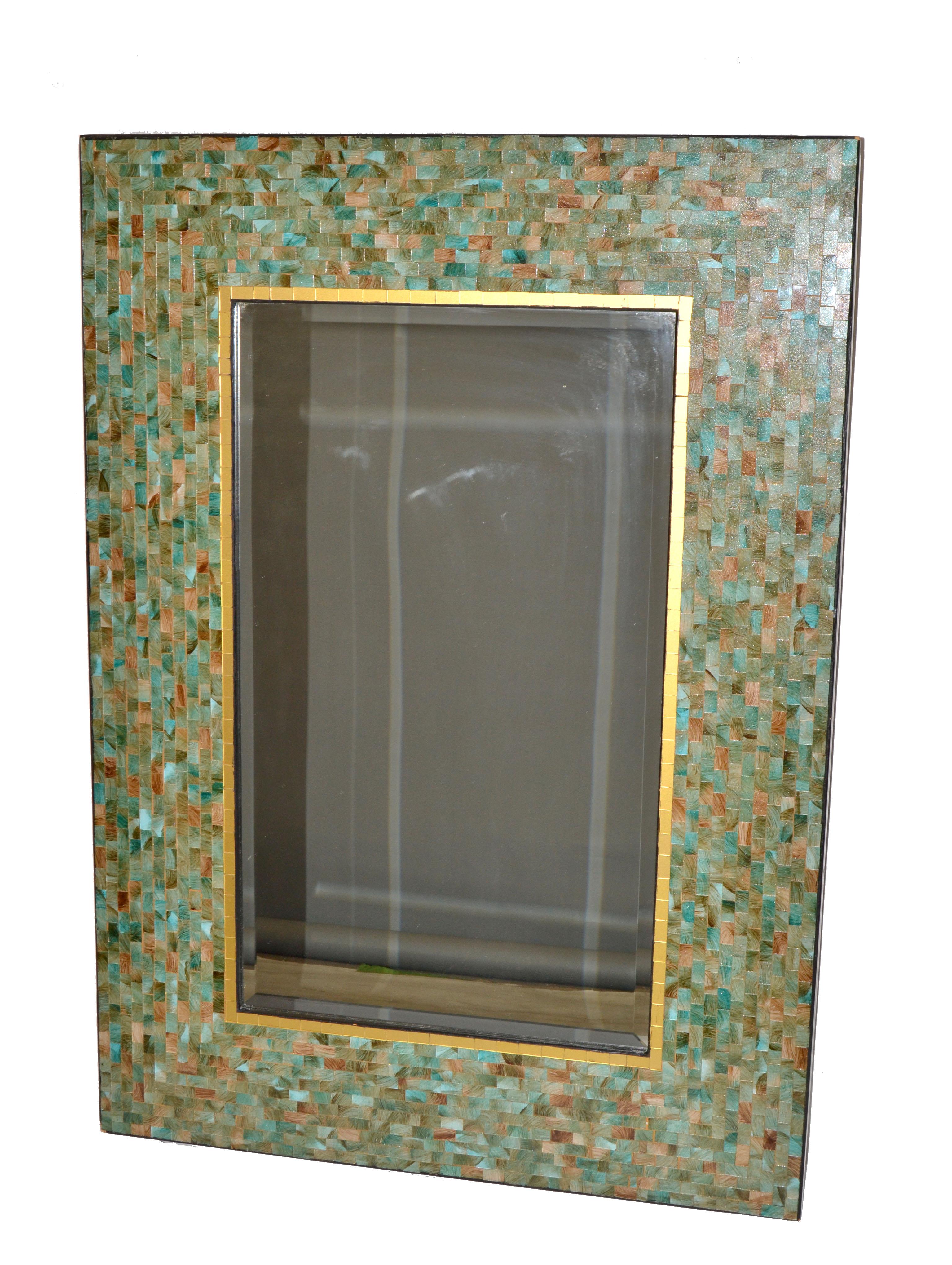 America Tiling & Tessellated Glass Hues of Green & Gold Rectangle Wall Mirror (amerikanisch) im Angebot
