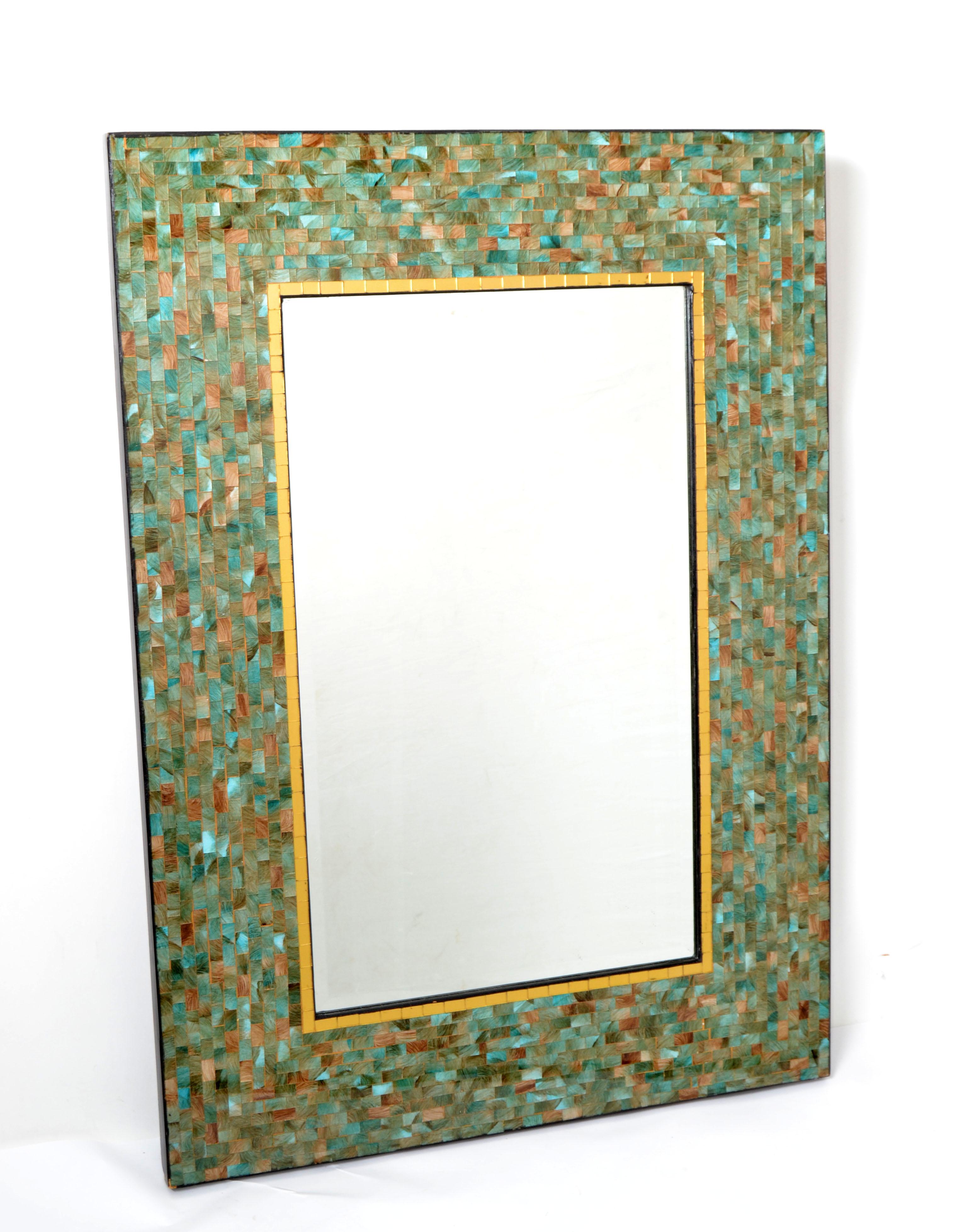 America Tiling & Tessellated Glass Hues of Green & Gold Rectangle Wall Mirror (Abgeschrägt) im Angebot