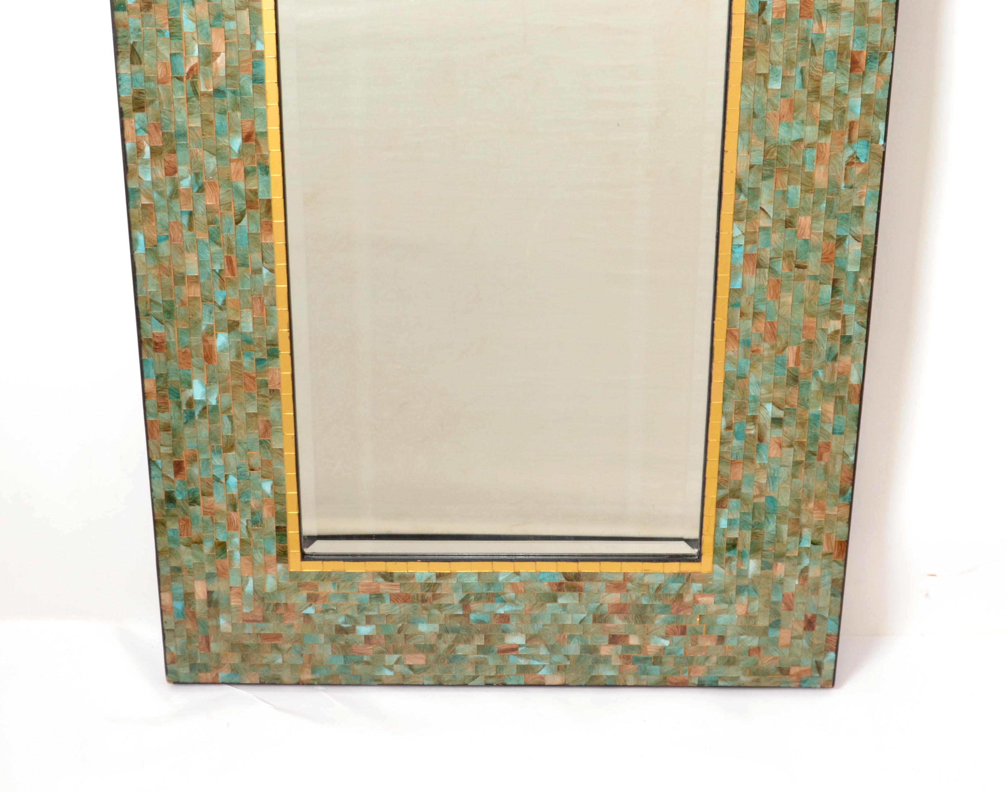 American America Tiling & Tessellated Glass Hues of Green & Gold Rectangle Wall Mirror For Sale
