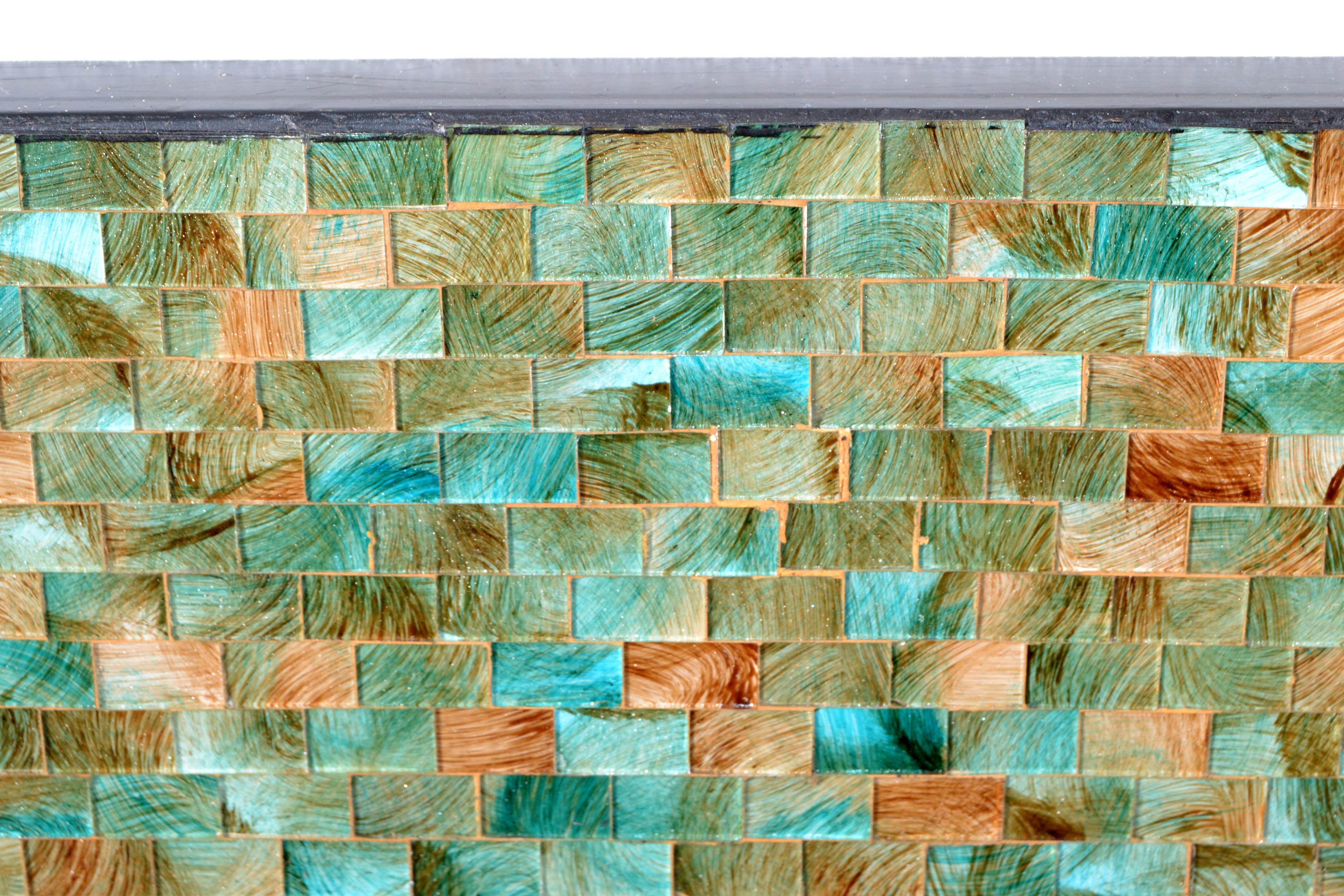 Painted America Tiling & Tessellated Glass Hues of Green & Gold Rectangle Wall Mirror For Sale