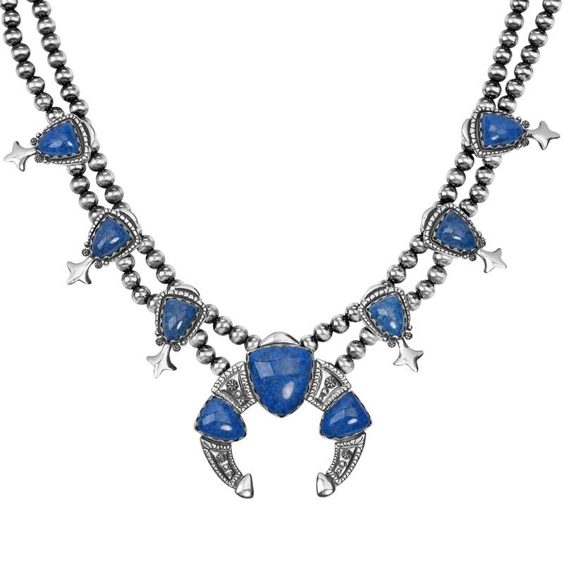 - Doppio filo di perline in argento Sterling da 8 mm con 9 gemme di Lapis; 6 stazioni di fiori di zucca con un Lapis a forma di punta di freccia da 15x20 mm; grande Naja centrale con 3 pietre morbide a forma di punta di freccia, due da 15x20 mm e