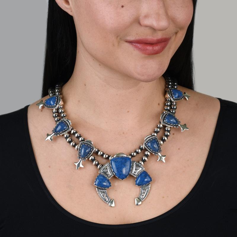 Nativo americano Collana America West in argento con lapis e fiori di zucca, 18-21 pollici in vendita