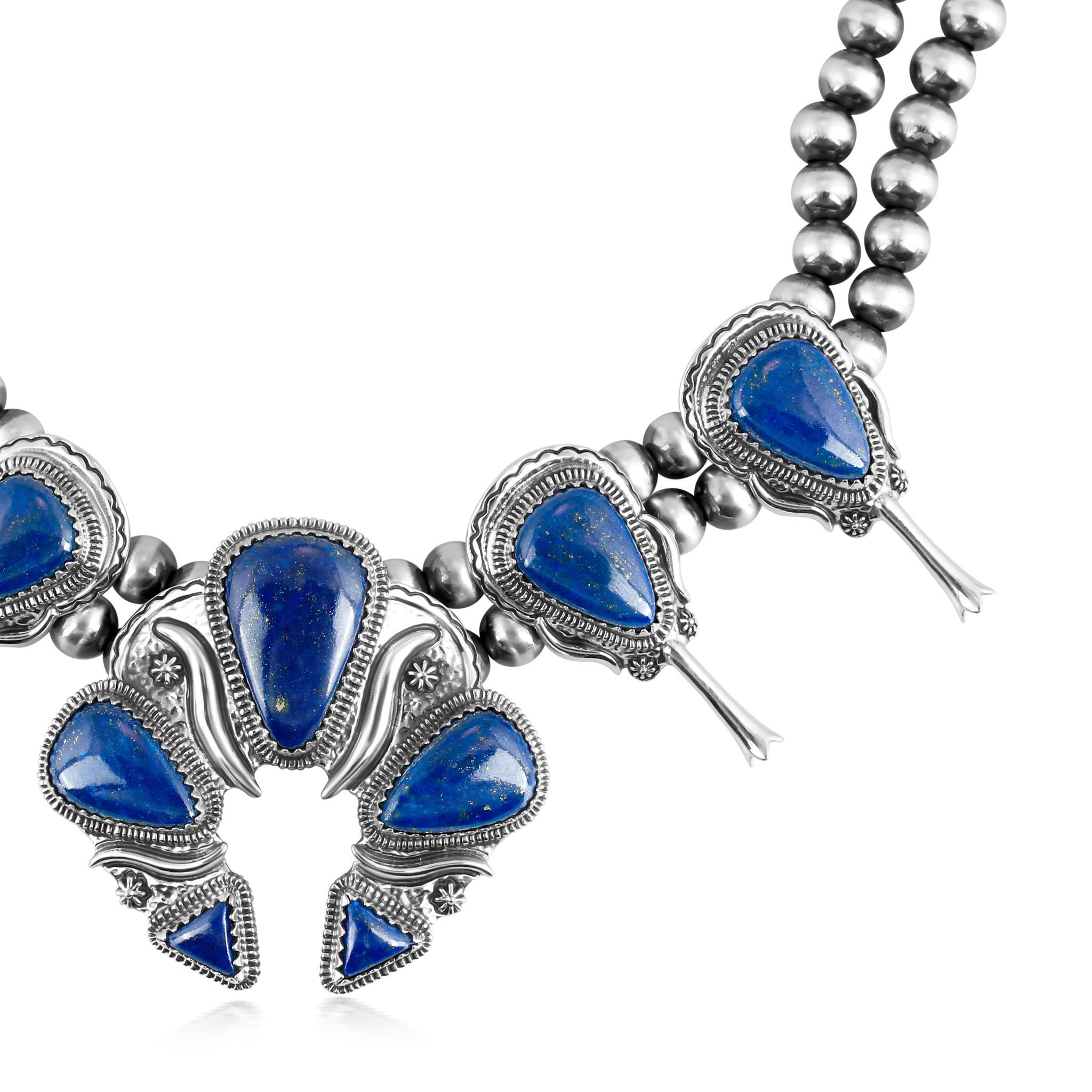 Taglio a goccia Collana con fiori di zucca Naja grande in Lapis d'argento di America West, da 21 a 24 pollici in vendita