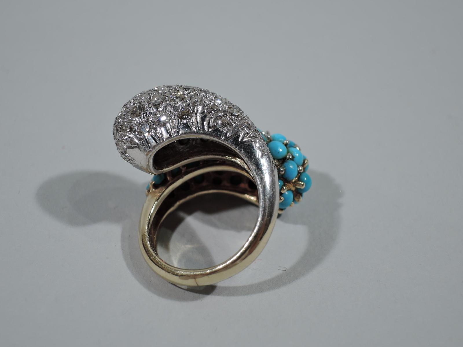Women's American 14 Karat Gold Crossover Cocktail Ring with Diamonds and Turquoise For Sale