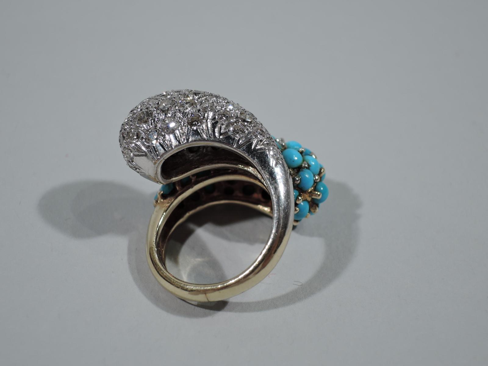 Bague cocktail croisée américaine en or 14 carats avec diamants et turquoise Pour femmes en vente