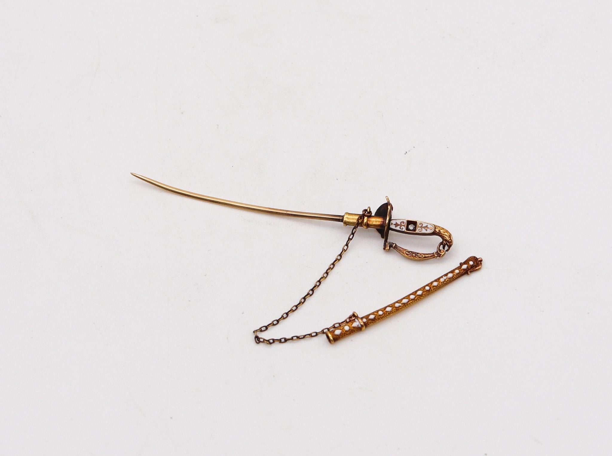Old European Cut American 1860 Miniature Enameled Sword Jabot In 14Kt Yellow Gold & Diamond For Sale