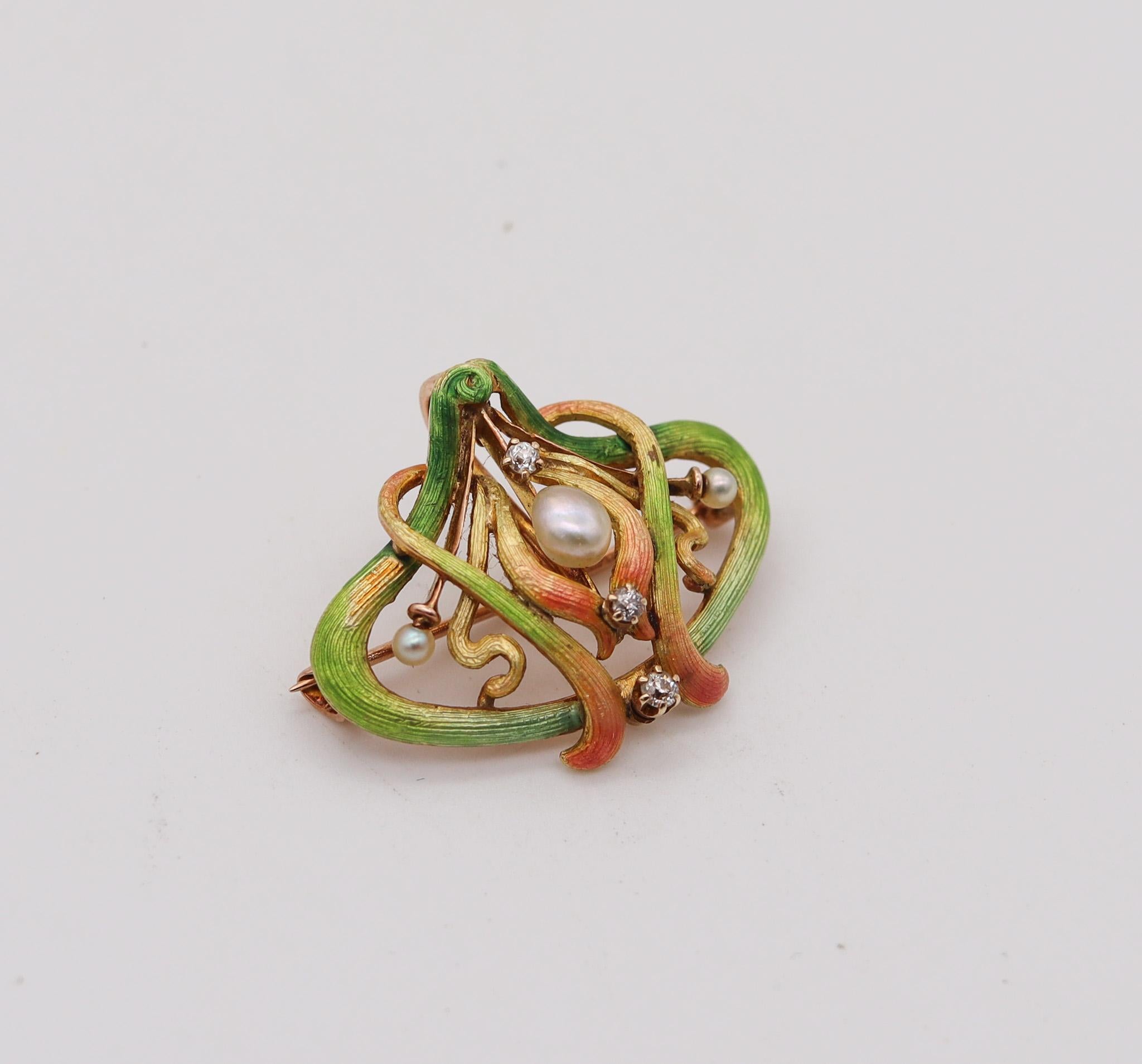 Women's American 1890 Art Nouveau Enamel Brooch In 14Kt Gold With Diamonds And Pearls For Sale