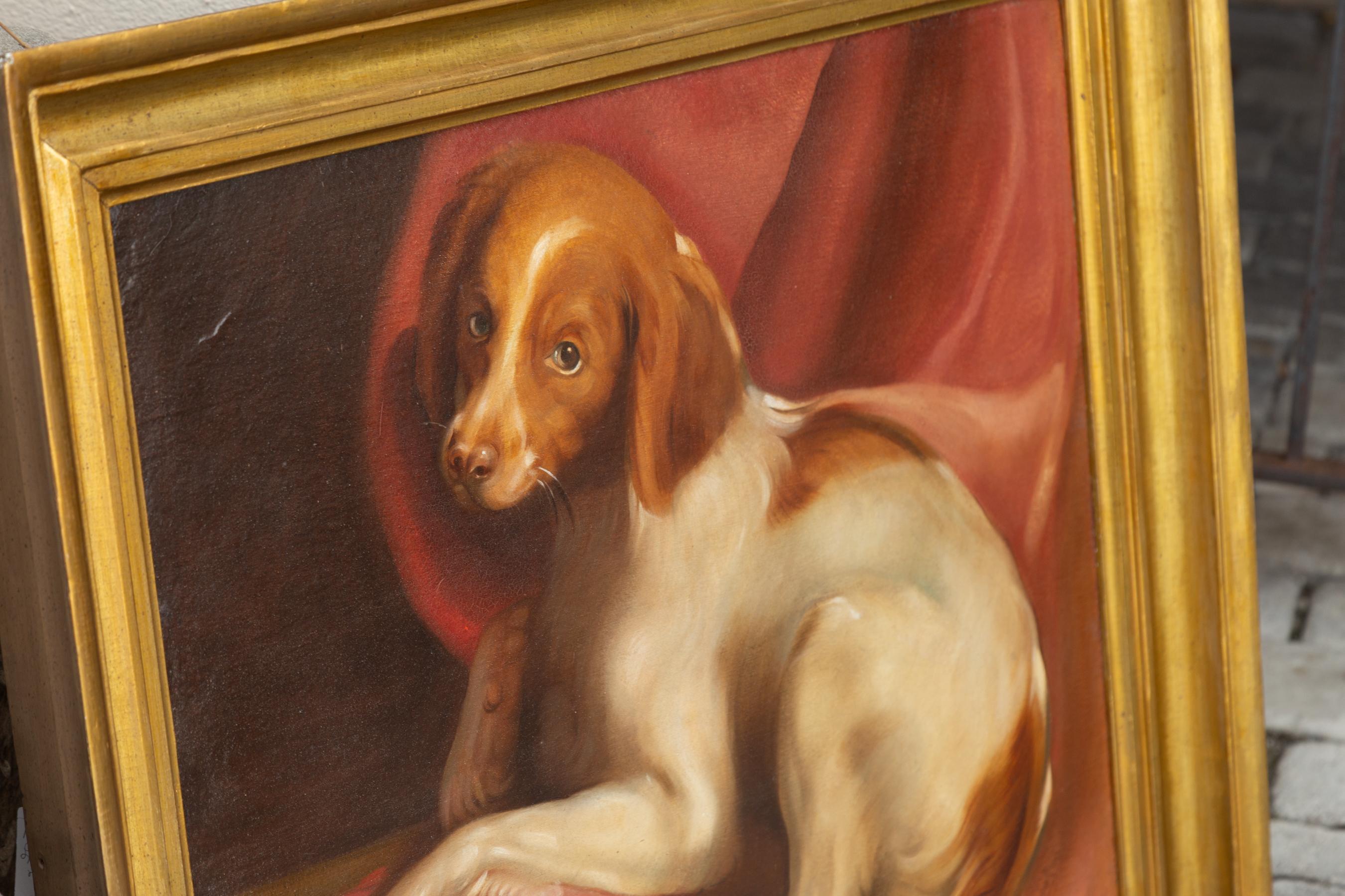 American 1890s Framed Oil on Board Painting Depicting a Dog Lying on a Red Drape For Sale 5