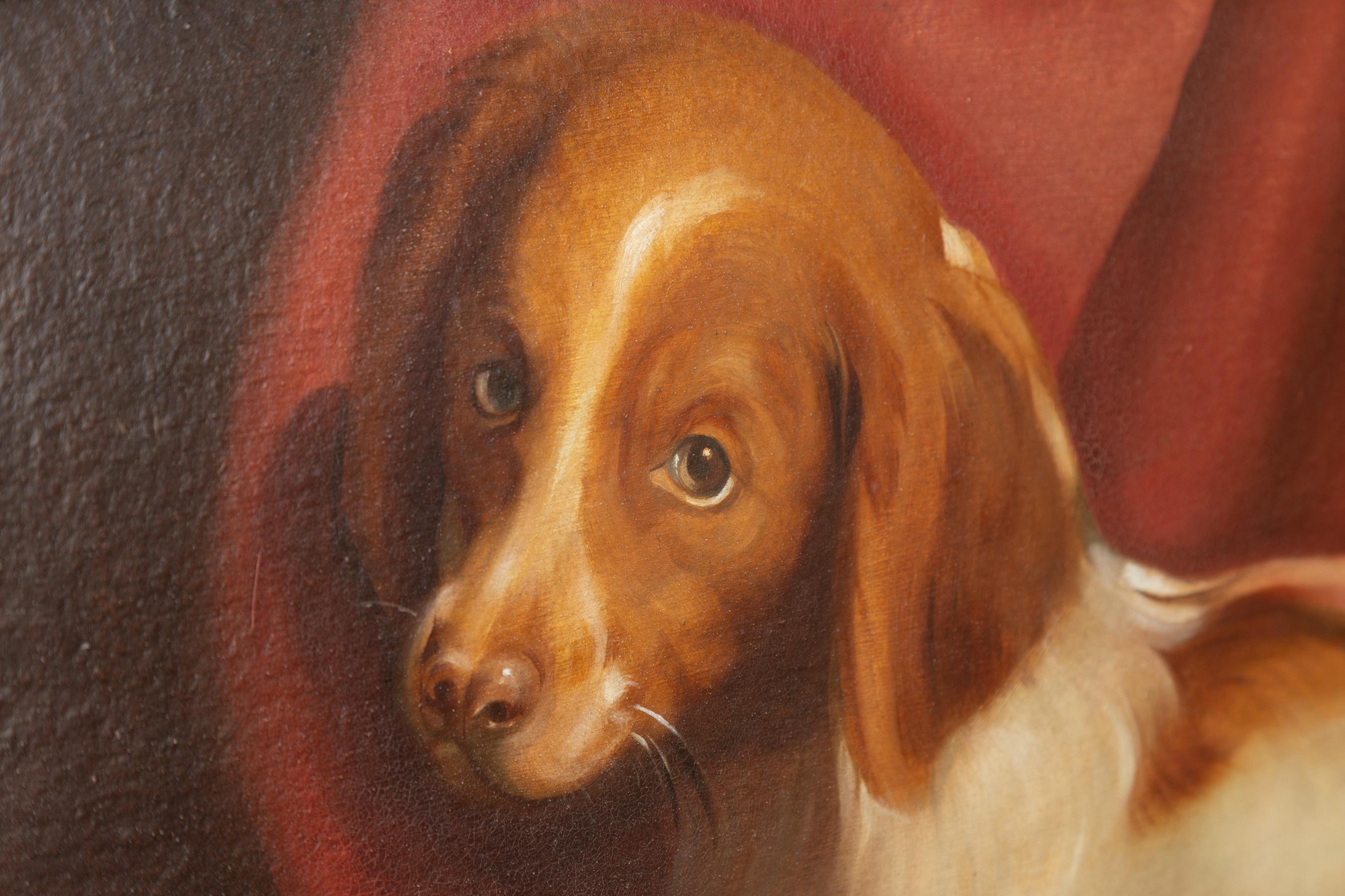 Peinture à l'huile sur carton américaine des années 1890 représentant un chien couché sur un drapé rouge en vente 6