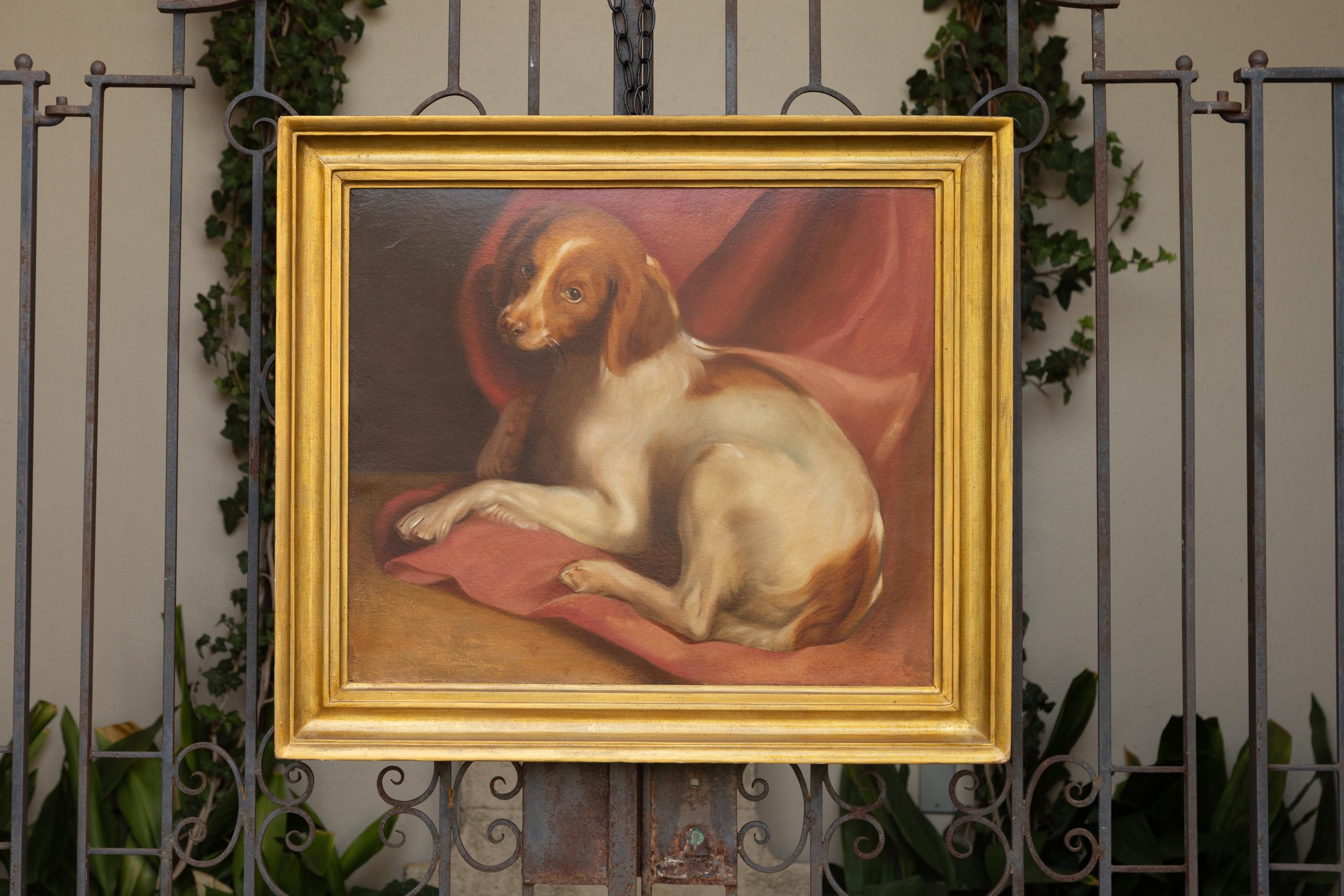 American 1890s Framed Oil on Board Painting Depicting a Dog Lying on a Red Drape In Good Condition For Sale In Atlanta, GA