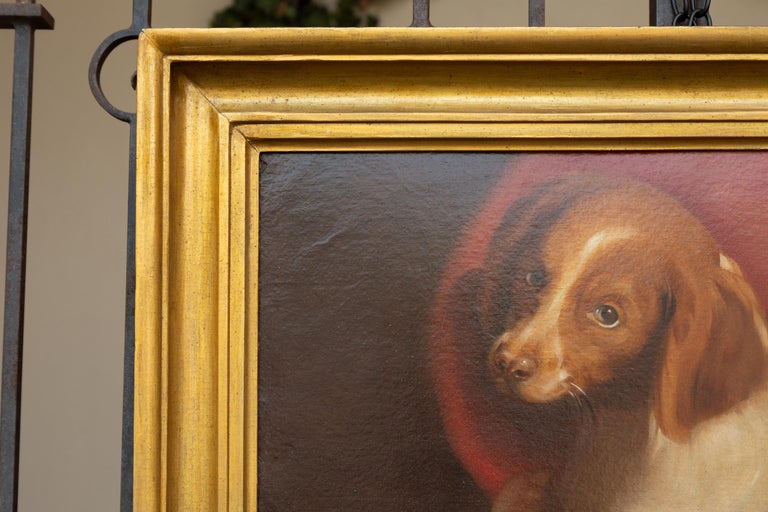 American 1890s Framed Oil On Board Painting Depicting A Dog Lying