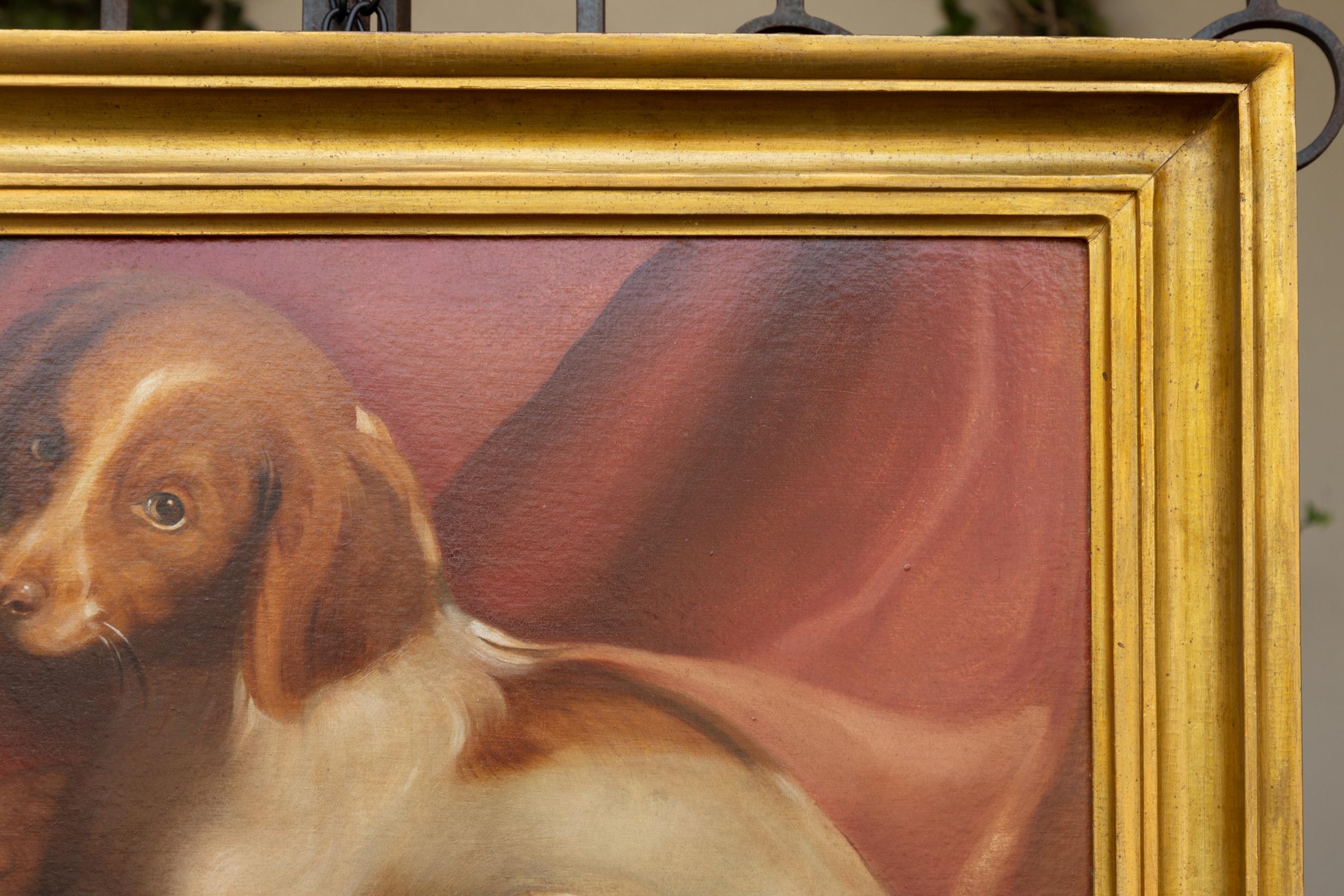 American 1890s Framed Oil on Board Painting Depicting a Dog Lying on a Red Drape For Sale 2