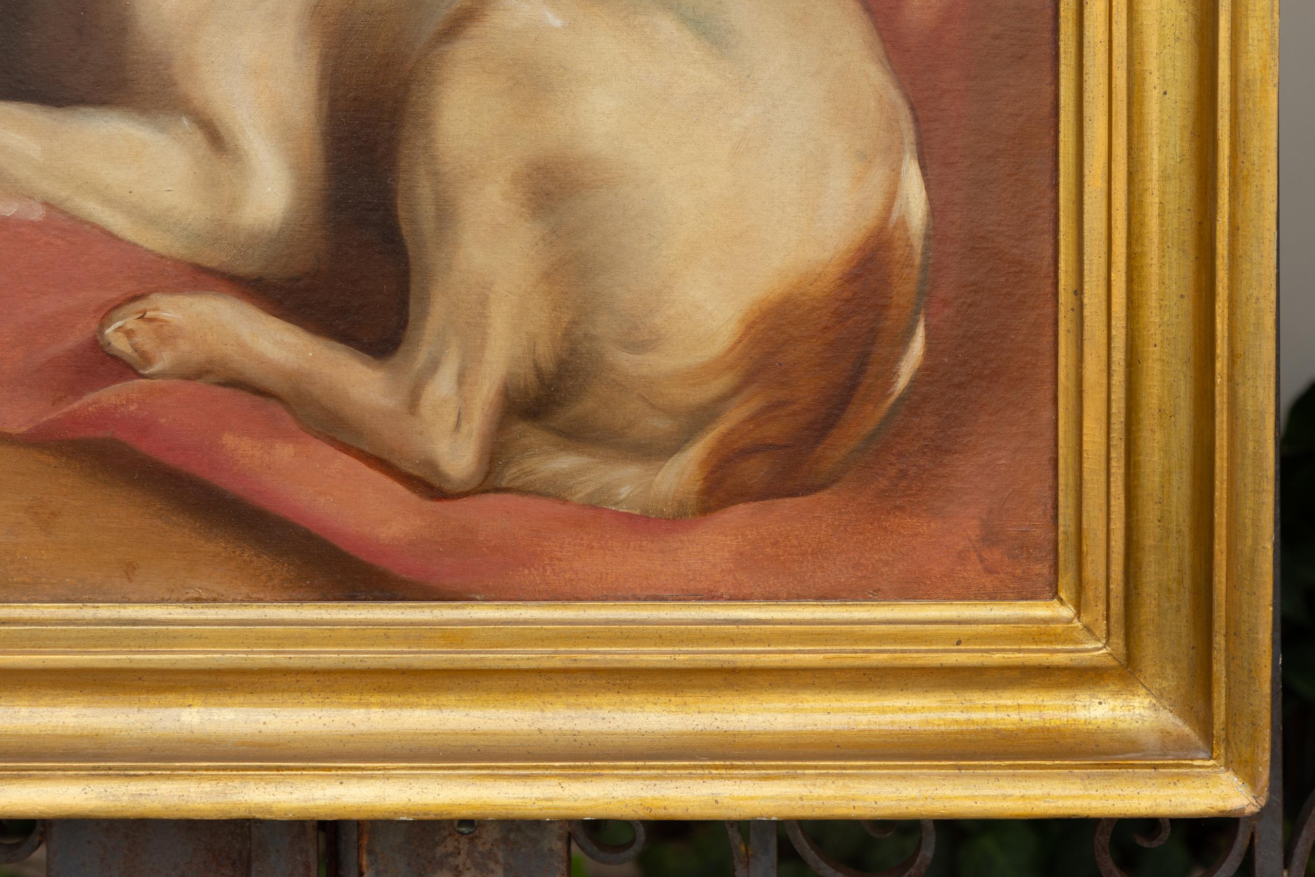 American 1890s Framed Oil on Board Painting Depicting a Dog Lying on a Red Drape For Sale 3
