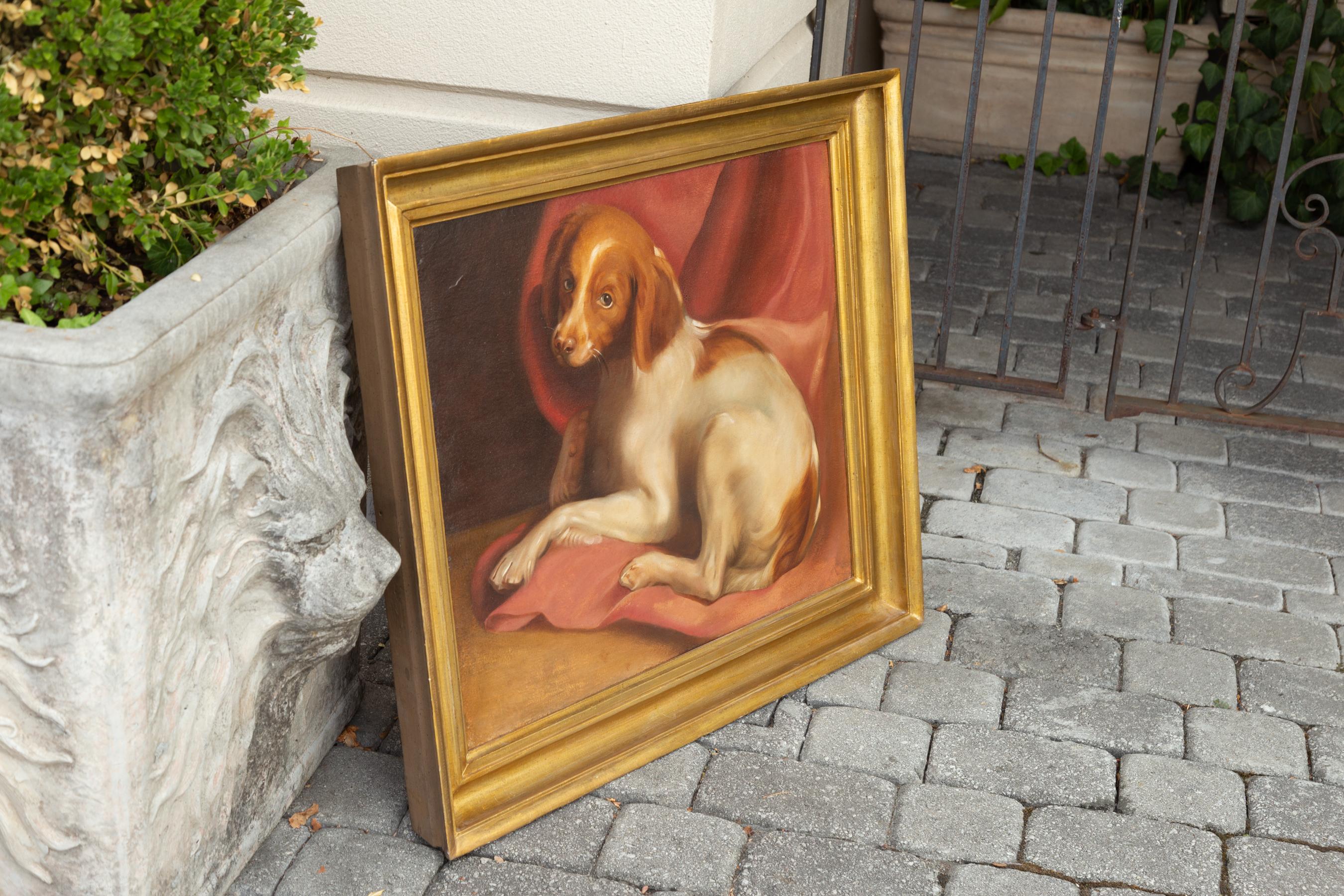 American 1890s Framed Oil on Board Painting Depicting a Dog Lying on a Red Drape For Sale 4