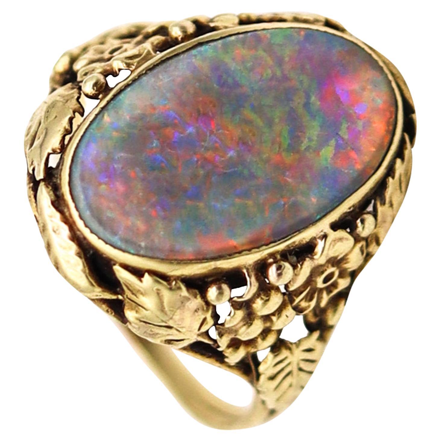 American 1895 Art Nouveau Ring In 14Kt Yellow Gold With 3.42 Cts Black Opal