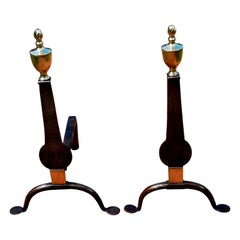 American 18th Century Iron Knife Blade Andirons with Urn and Flame Brass Finials