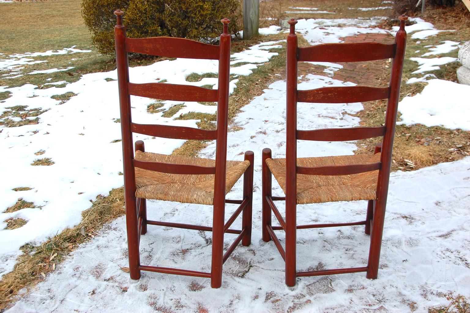 American Colonial American 18th Century Pair of Ash Ladderback Side Chairs with Original Paint