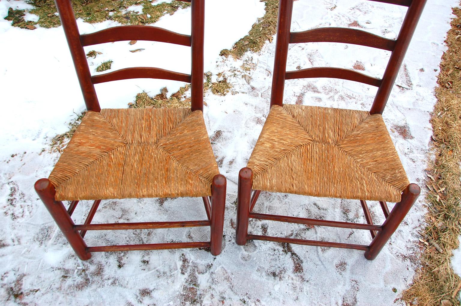 American 18th Century Pair of Ash Ladderback Side Chairs with Original Paint In Good Condition In Wells, ME