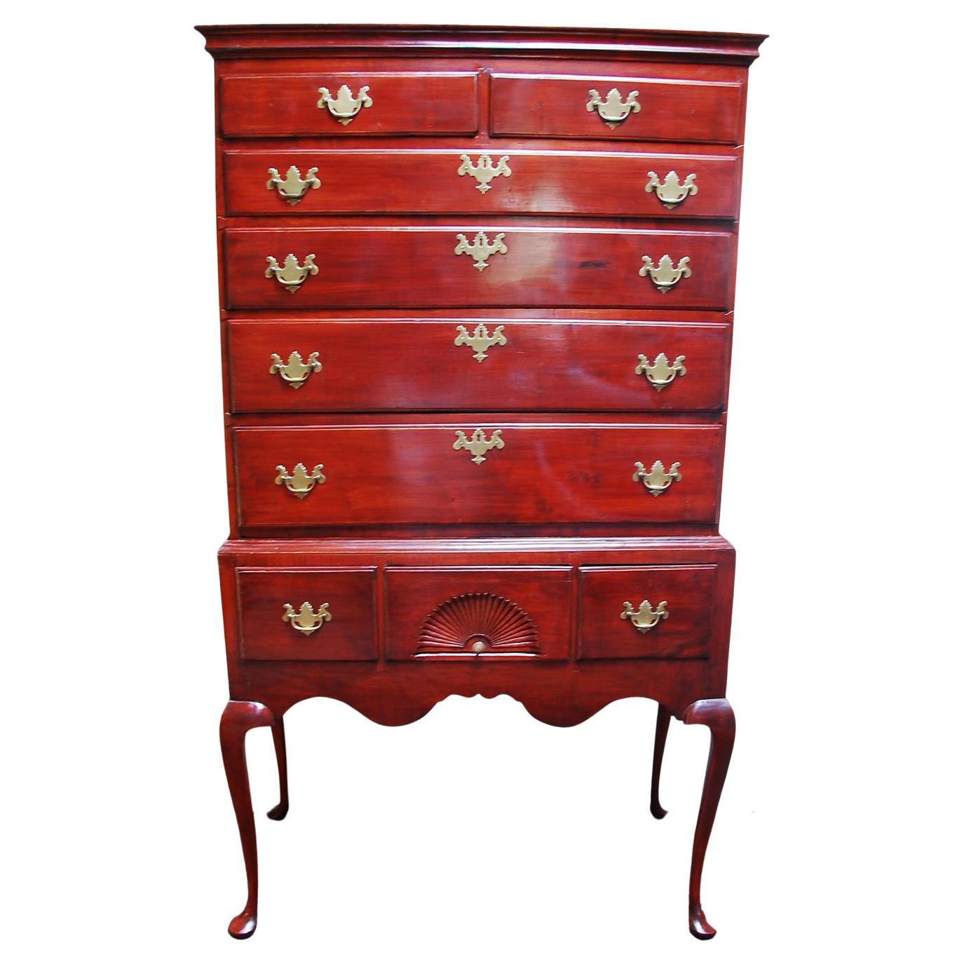 American 18th Century Queen Anne Maple Highboy with Fan Carving, Cabriole Legs For Sale