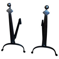 American 18th Century Wrought Iron Gooseneck Andirons