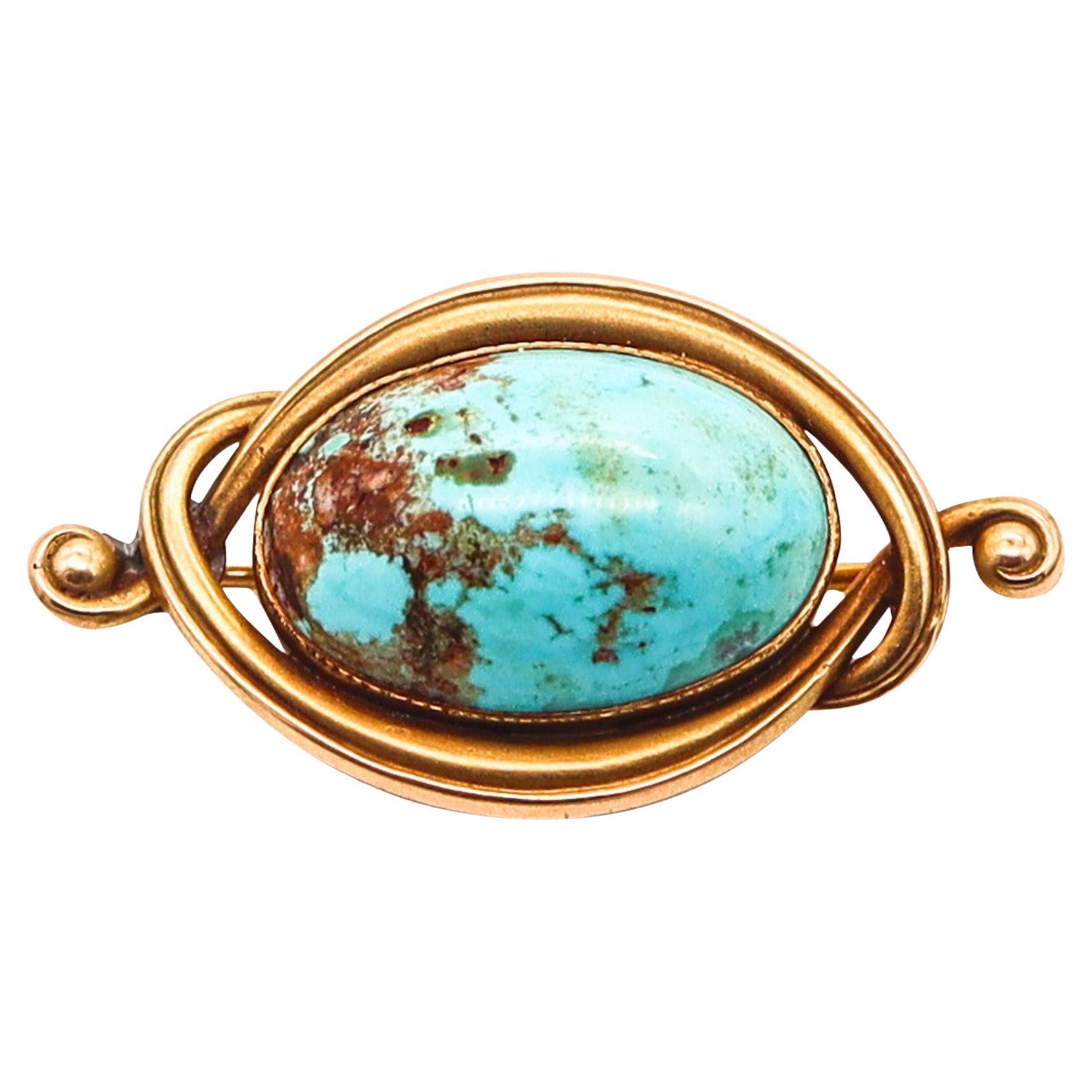 AMERICAN 1900 Art Nouveau Scrolled Brooch In 14Kt Yellow Gold With Turquoise