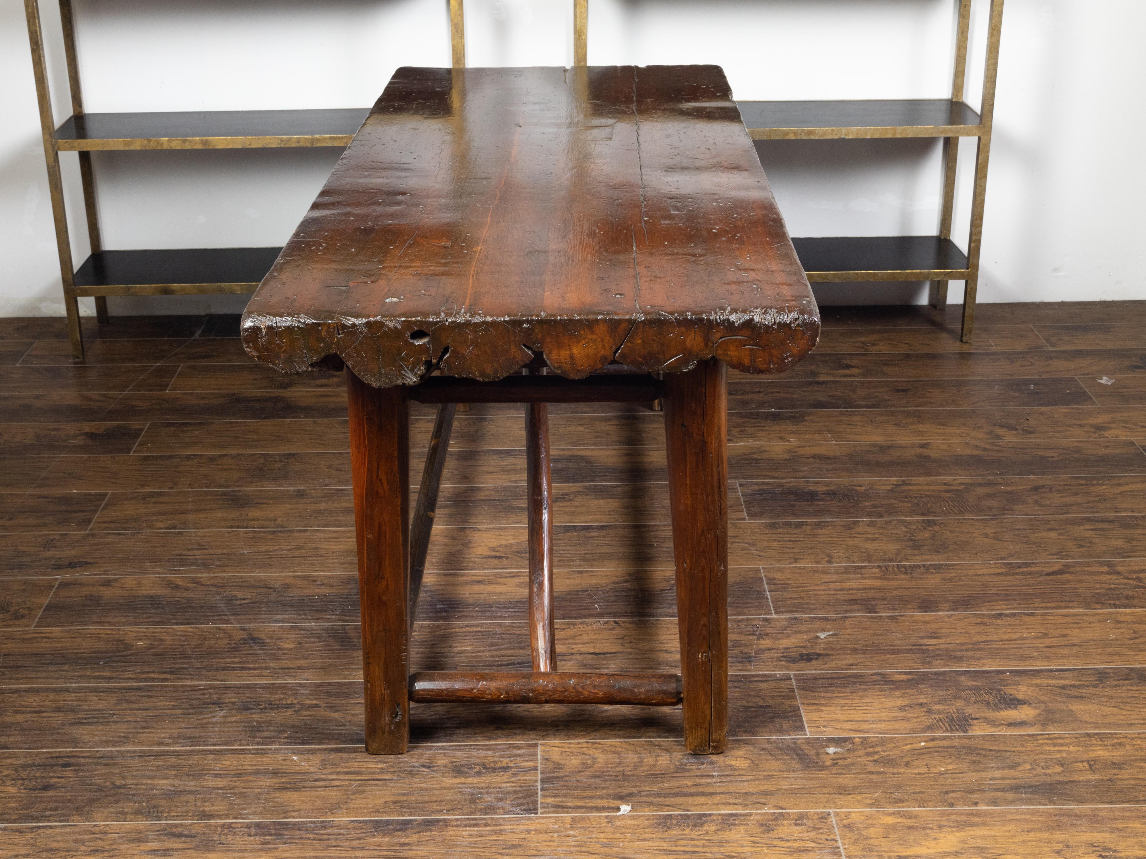 American 1900s Rustic Pine Log Table with Straight Legs and Side Stretchers For Sale 3