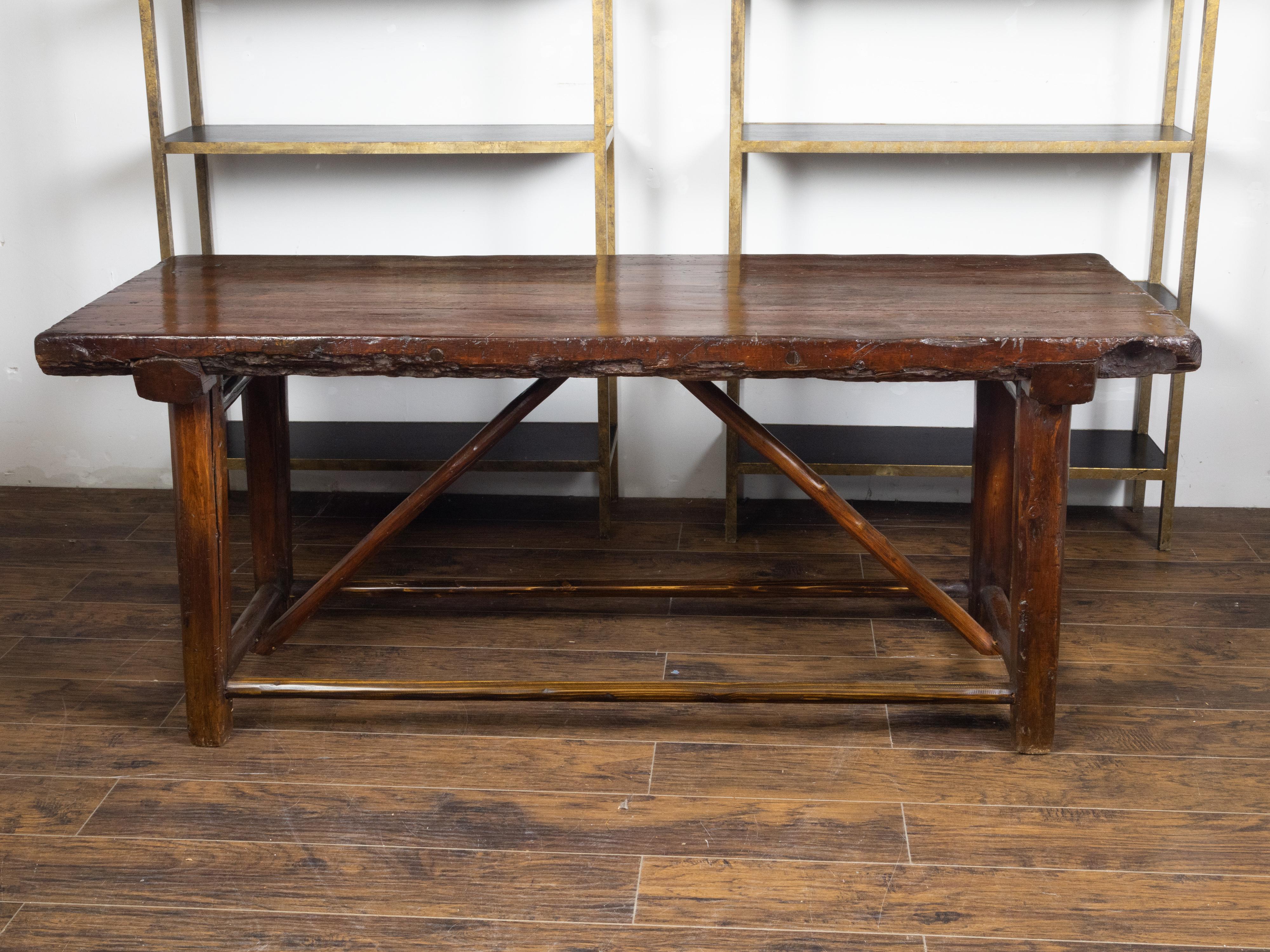American 1900s Rustic Pine Log Table with Straight Legs and Side Stretchers For Sale 2