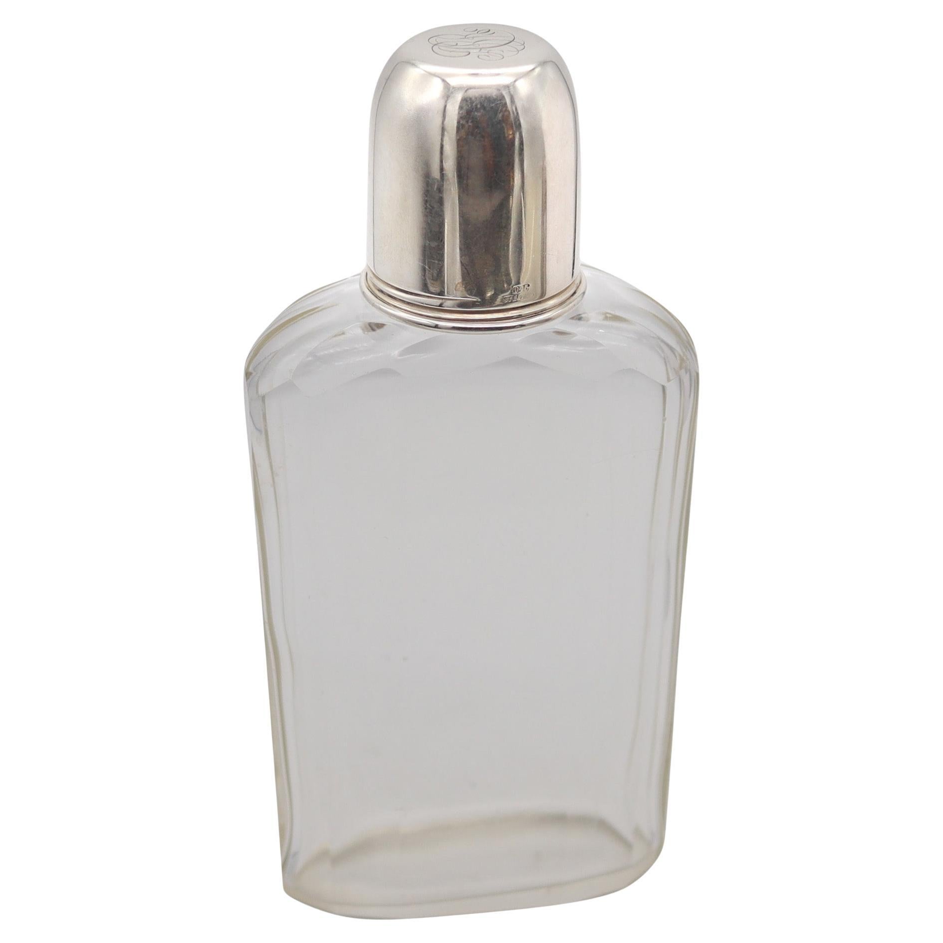 AMERICAN 1920 Art Deco Skyscraper Liquor Flask In Cut Glass & 925 Sterling