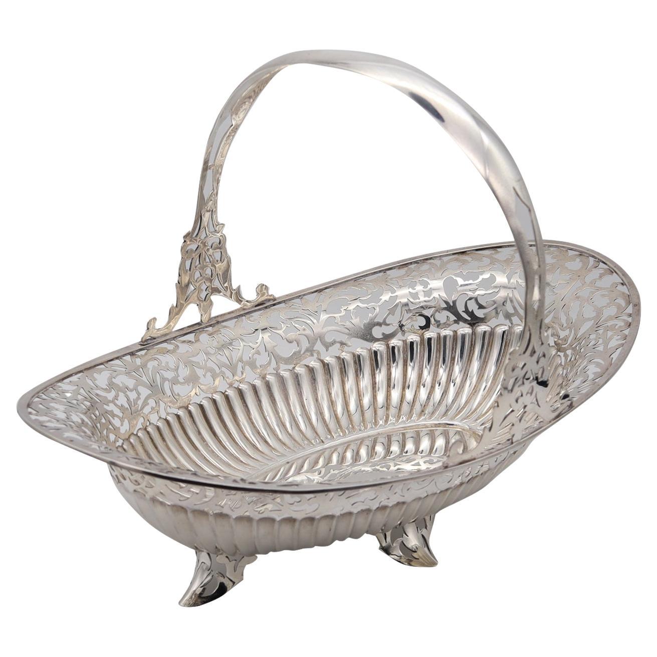 American 1920 Vintage Navette Sweetmeat Basket with Handle .925 Sterling Silver