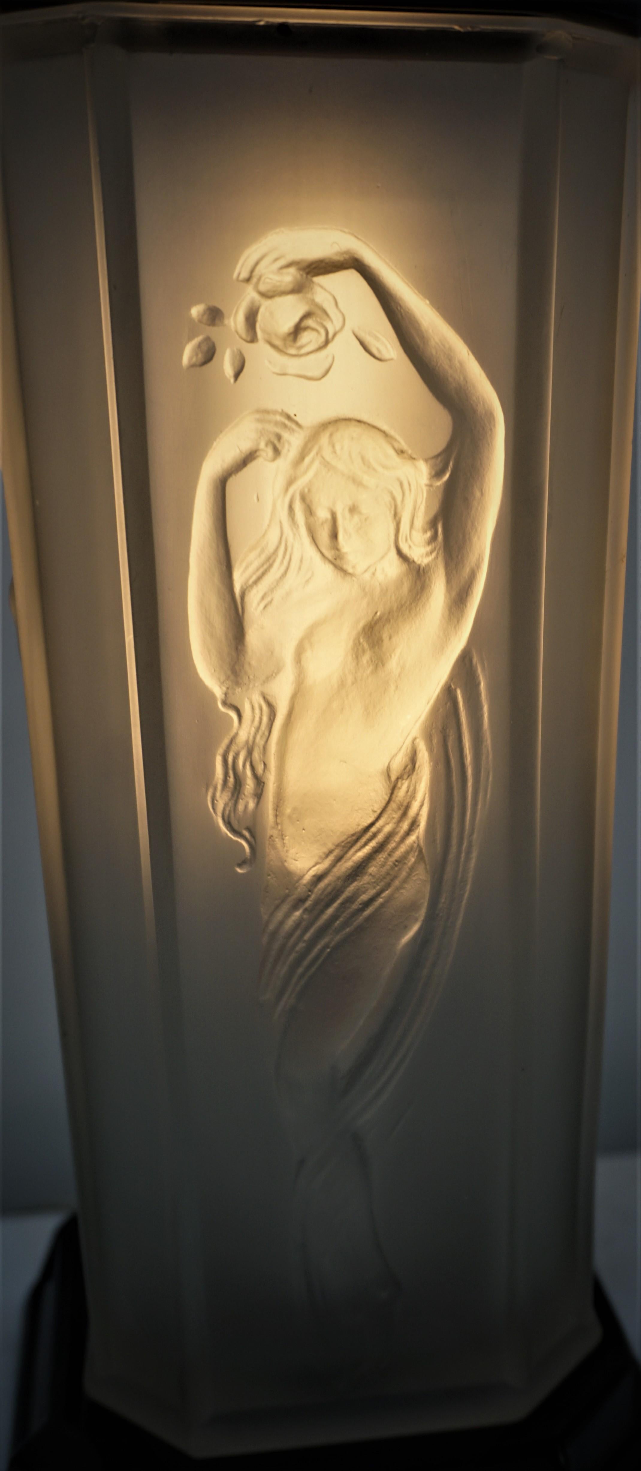 American art deco clear frost glass with figure dancing girl on each side, original black glass base and top.

