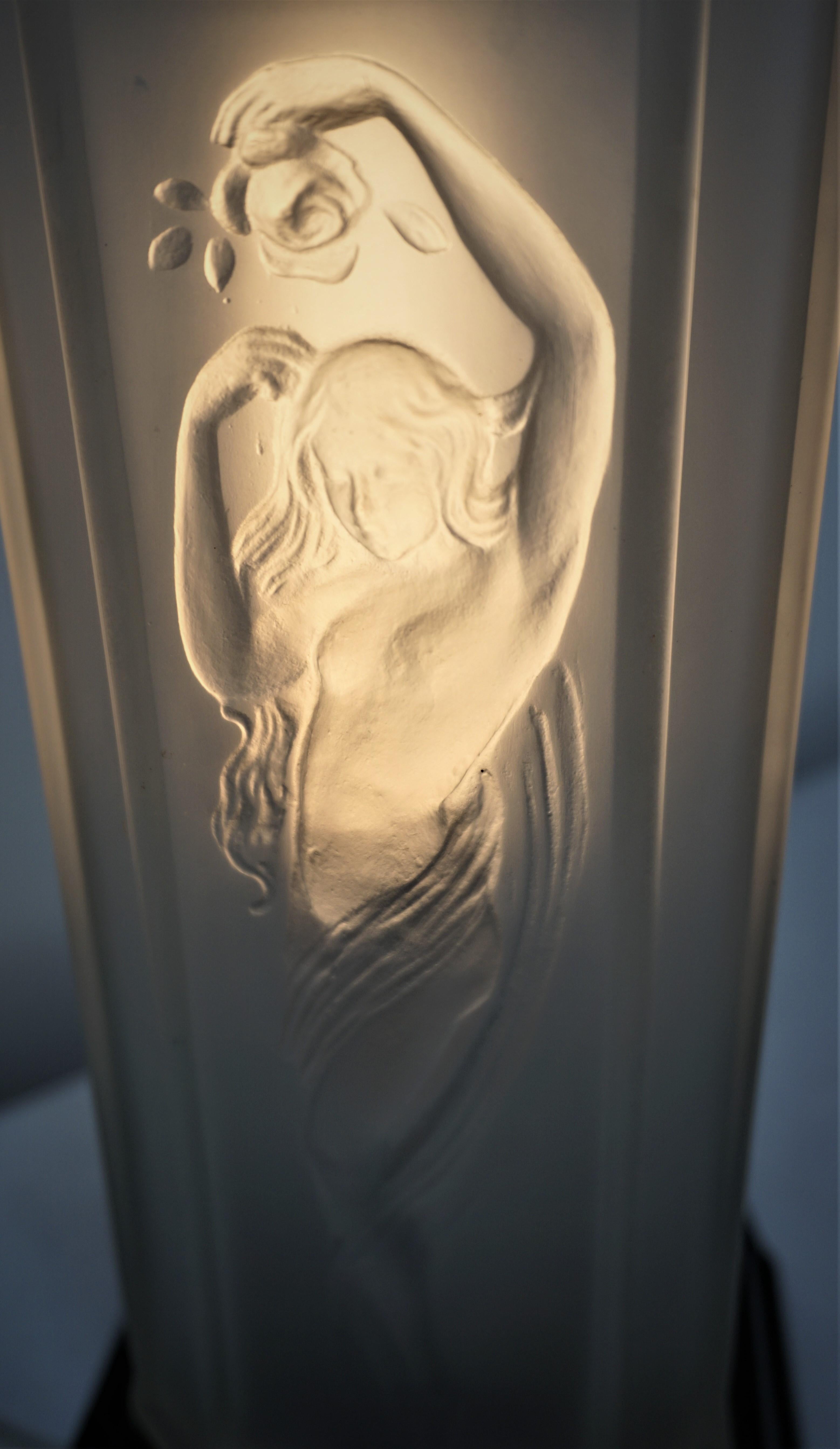 Early 20th Century American 1920's Art Deco Clear Frosted Glass Nude Female Figural Table Lamp