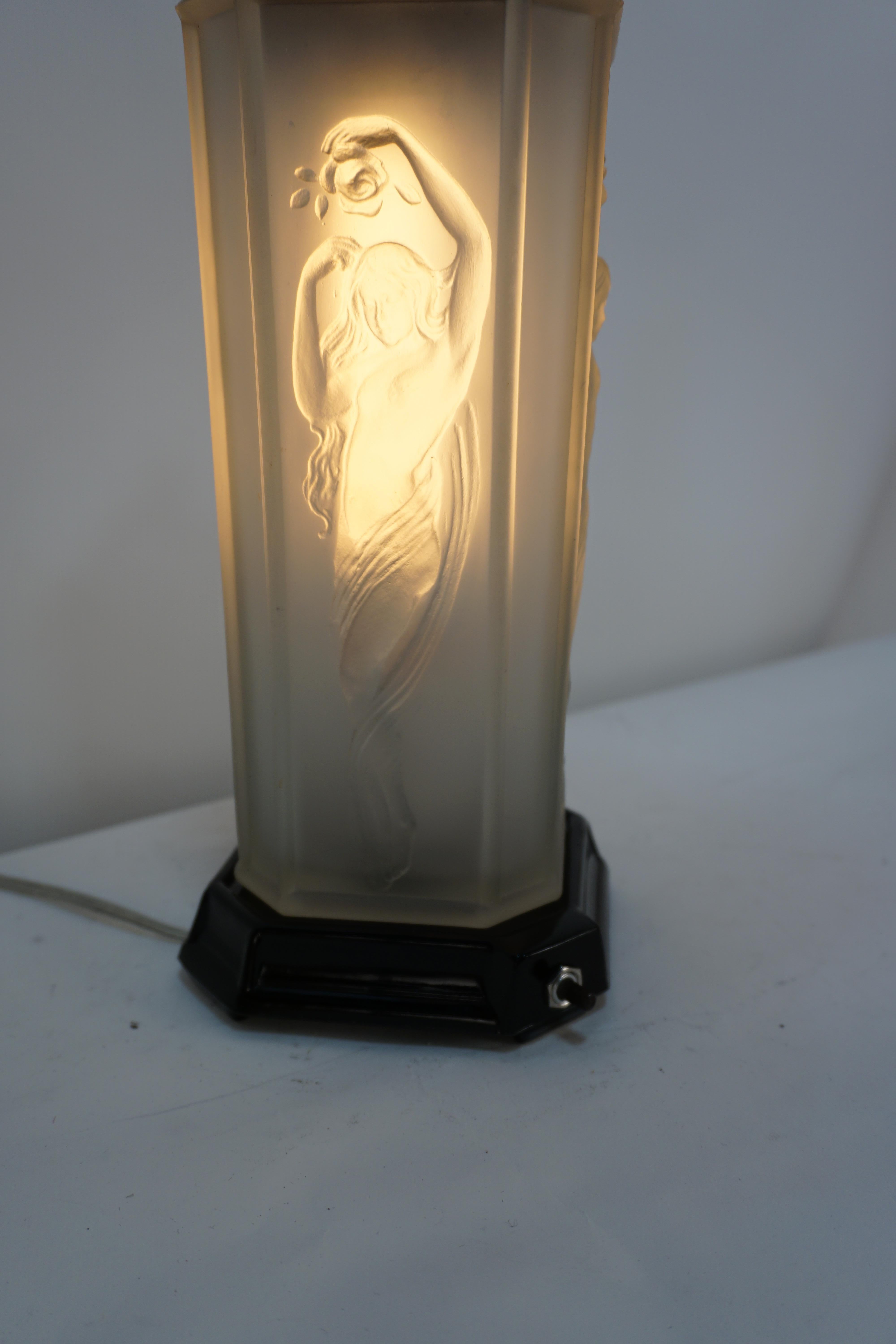 American 1920's Art Deco Clear Frosted Glass Nude Female Figural Table Lamp 1