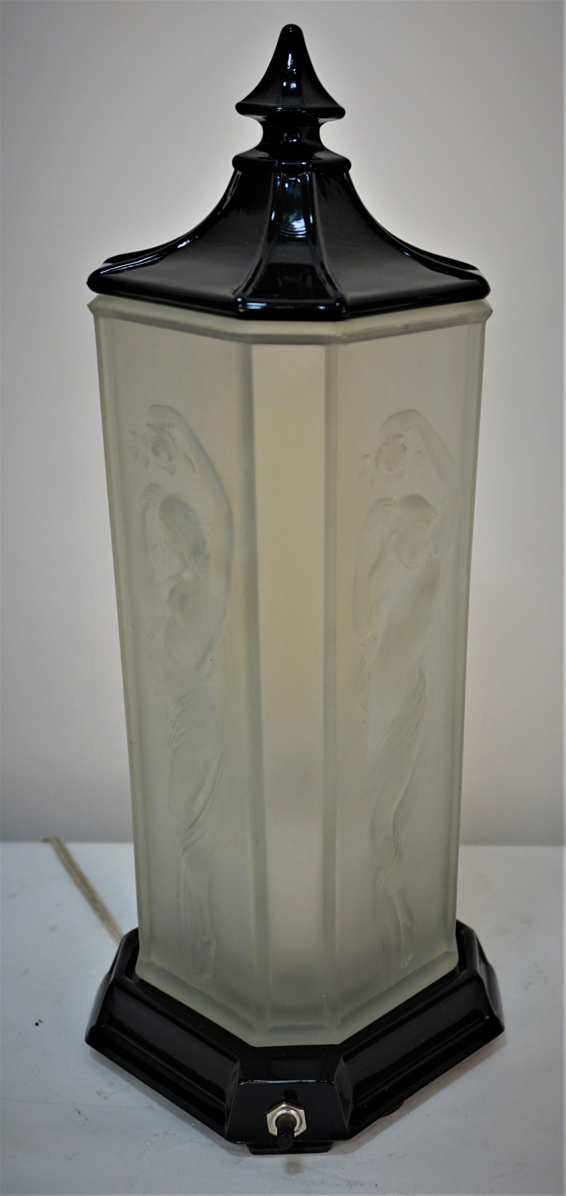 American 1920's Art Deco Clear Frosted Glass Nude Female Figural Table Lamp 2